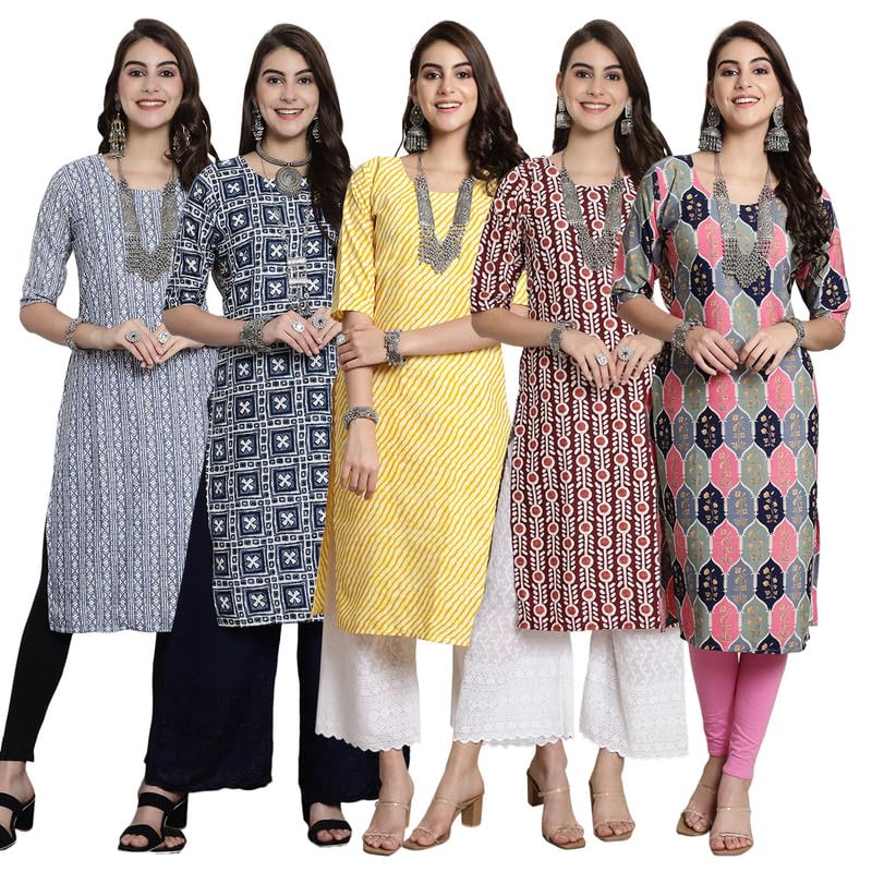 Pinkmint Crepe Printed Kurti For Womens College Wear Kurti Festival Wear Kurti For Women (Pack Of 5)