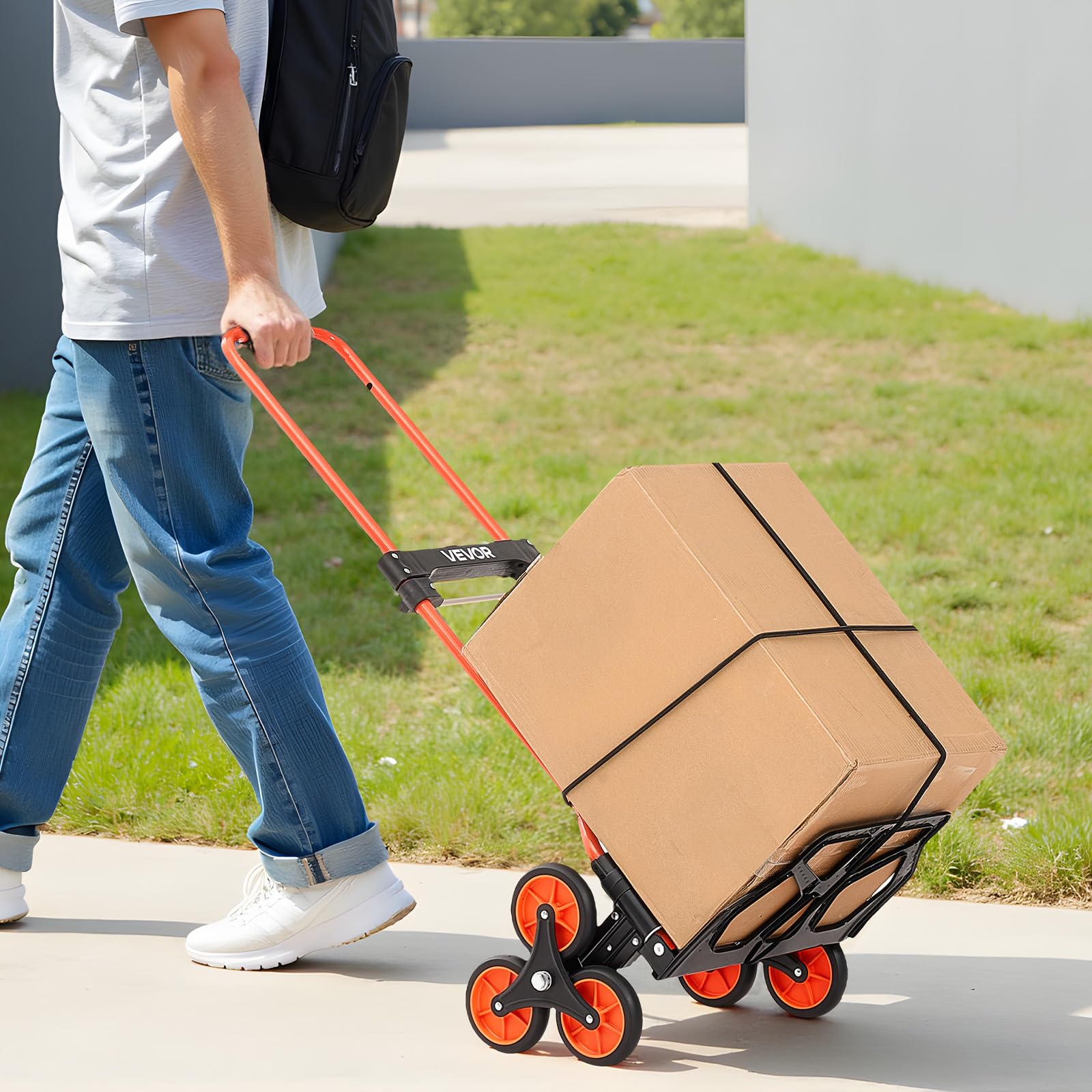 VEVOR Carretilla de Mano Plegable con Asa Telescópica, Carga Máxima 54 kg, Carro Sube Escaleras Resistente, Marco de Acero al Carbono, con 2 Cuerdas y 6 Ruedas, para Almacén Compra Oficina y Hogar