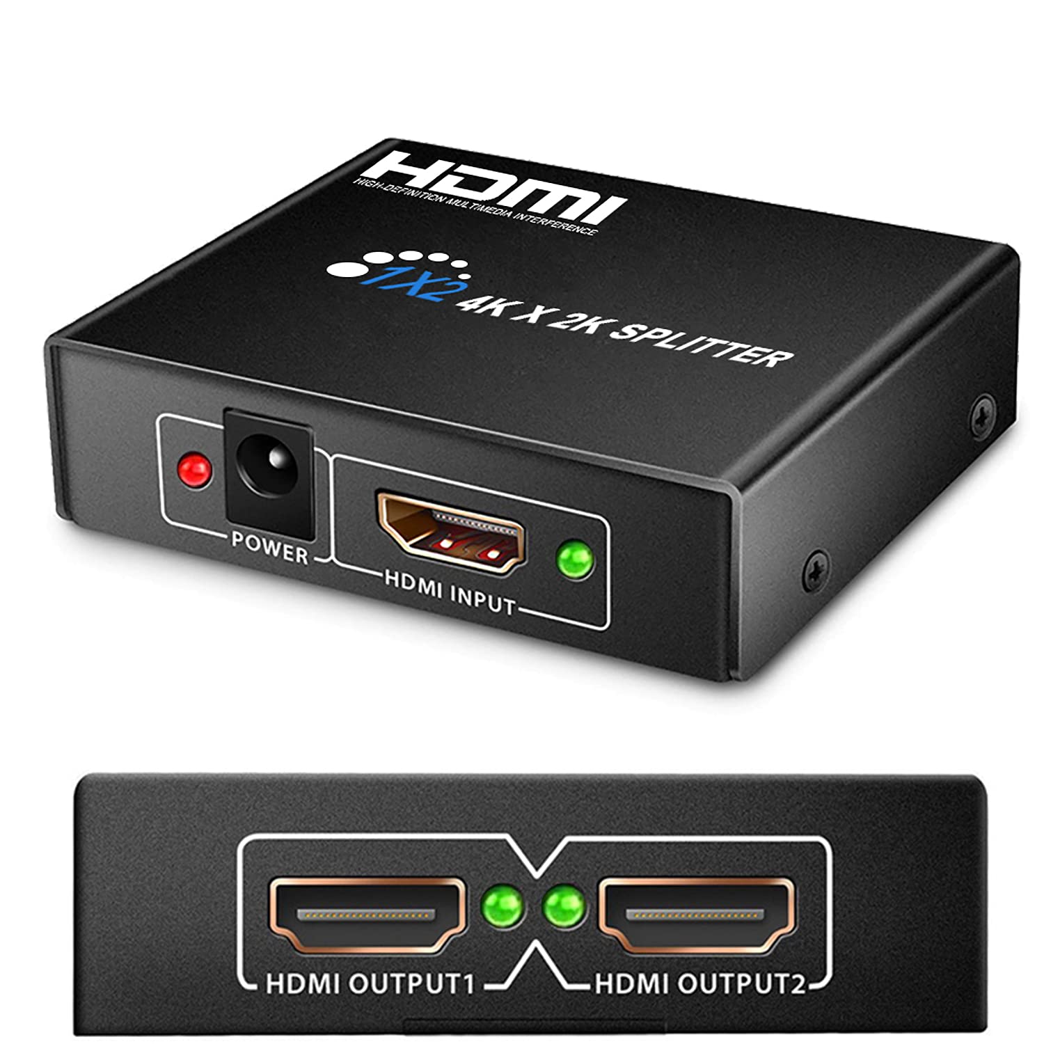 GOXMGOHDMI Splitter 1 in 2 Out,1x2 HDMI Splitter for Dual Monitors Duplicate/Mirror Only, 2 Way HDMI Distributor 1 to 2 for Full HD 1080P 3D 4K@30Hz(1 Source onto 2 Displays)