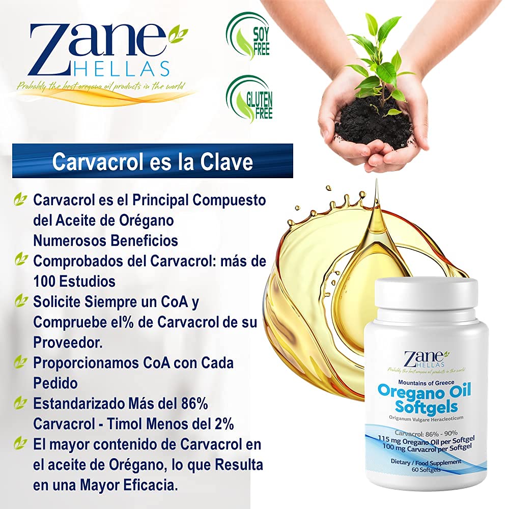 Zane Hellas Cápsulas de aceite de orégano. Cada cápsula blanda contiene un 20% de aceite esencial griego puro de orégano. 100 mg de Carvacrol por cápsula blanda.120 cápsulas blandas.Paquete de 2