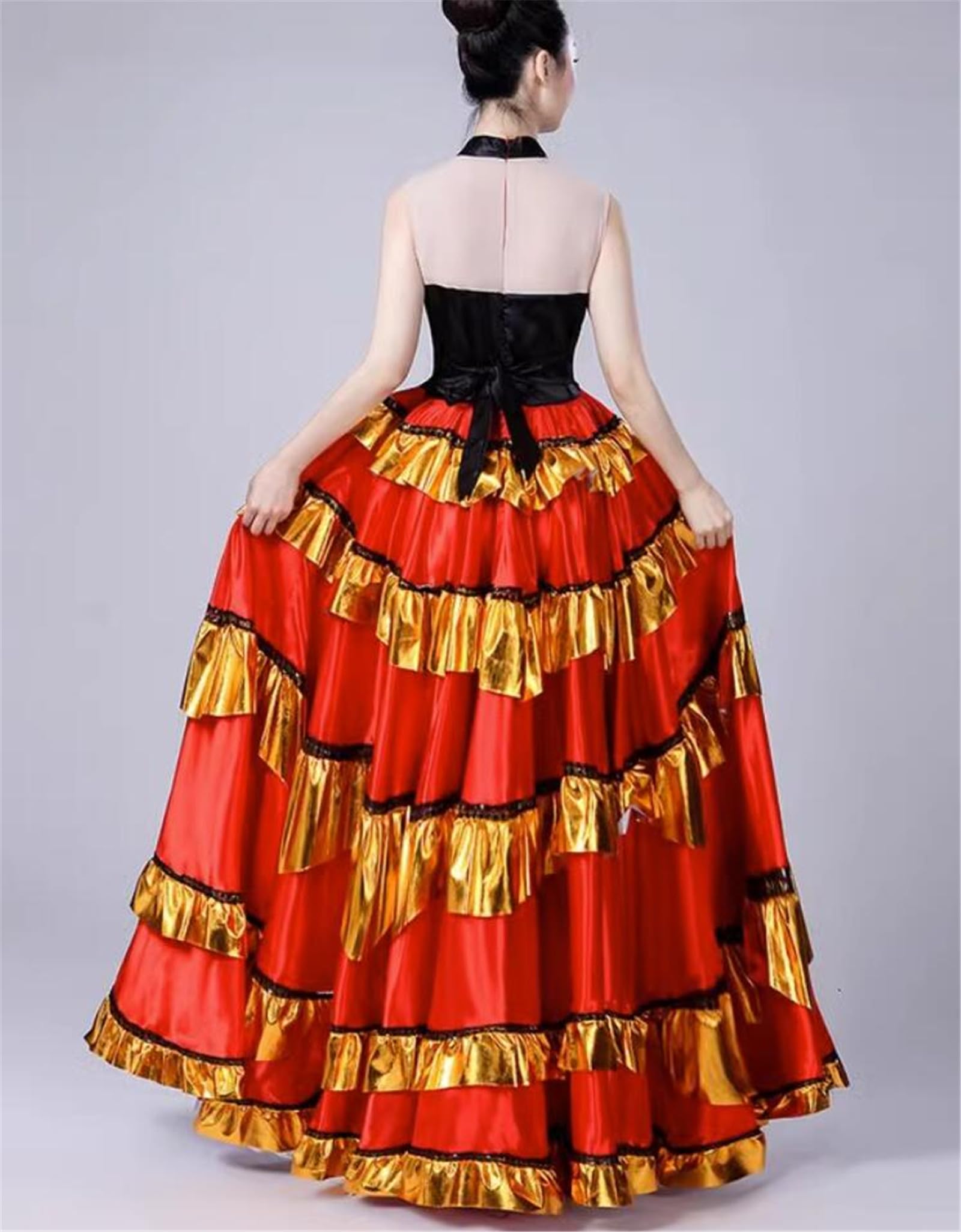 OTMYIGO Las Mujeres Vienen a Bailar Falda Gitana española Flamenco satén poliéster Sedoso Gran Columpio Carnaval Fiesta Vestido de salón Traje de Danza del Vientre