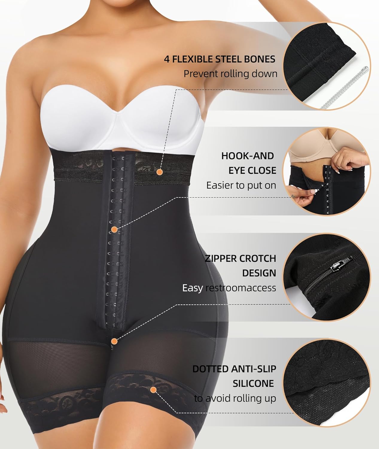 YIANNA Tummy Control Shapewear for Women Strapless Fajas Colombianas Body Shaper Shorts Butt Lifter with Zipper Crotch - Image 4