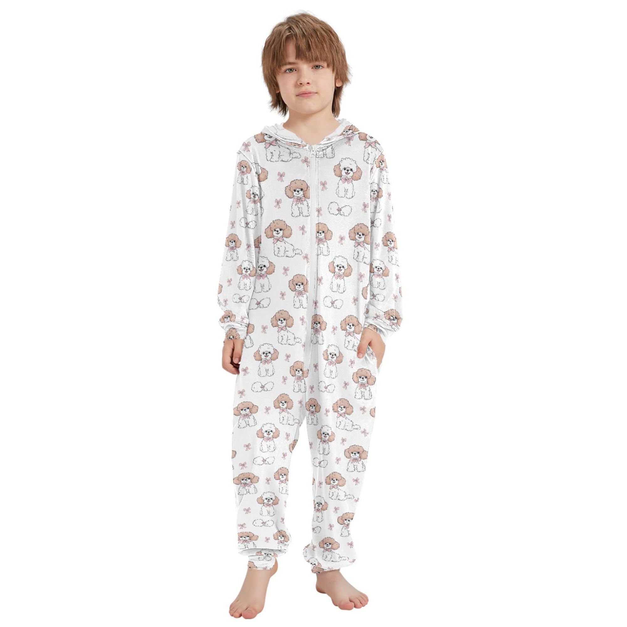 ALAZA Pigiama intero in flanella con cappuccio e cerniera, tuta coordinata per bambini, morbida e calda, abbigliamento sportivo per la casa, 5-6T