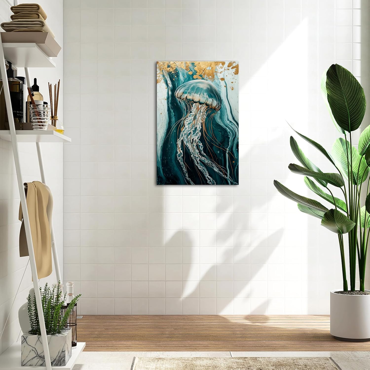 VANSEEING Emerald Green and Gold Jellyfish Wall Art Canvas Prints Ocean Theme Sea Animal Pictures Modern Abstract Marble Painting Artwork Wall Decor for Bathroom Bedroom Living Room 24"x36"