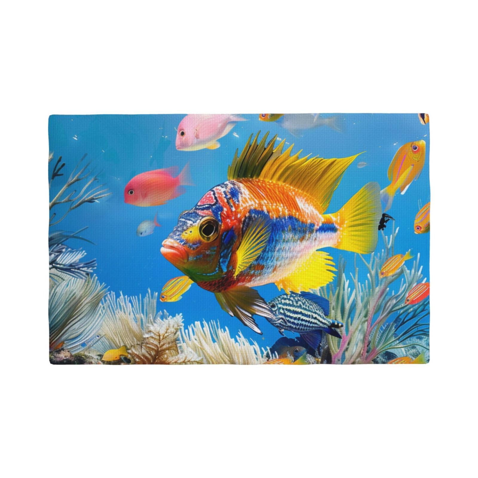 Colorful Fish Print Placemats Set, Heat Resistant Washable Placemat 12x18in Table Mats for Party Kitchen Dining Table Decoration Indoor Outdoor, Four Pieces