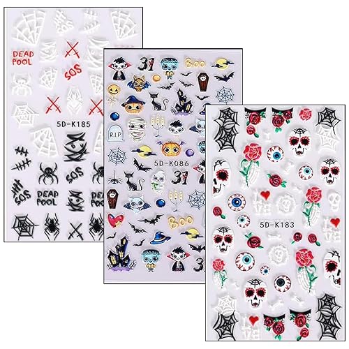 Miniatura 7 de 3 hojas de calcomanías de arte de uñas de Halloween 5D estereoscópicas en relieve, calcomanías de dibujos animados fantasma, calabaza, ojo,