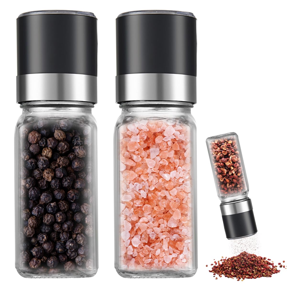 Euqvunn Lot De 2 Moulins à Poivre Et Sel 60ml - Broyeur Céramique, Couvercle Hermétique, Acier Inoxydable