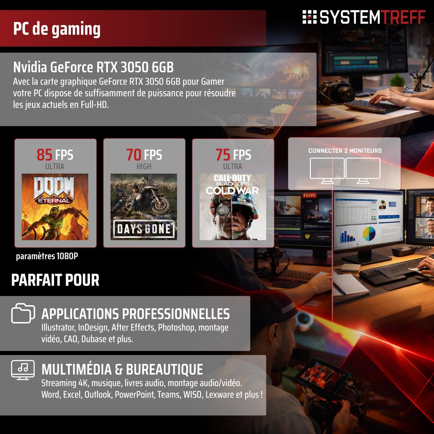 SYSTEMTREFF PC Gamer Basique - AMD Ryzen 5 5600 - RTX 3050 6Go
