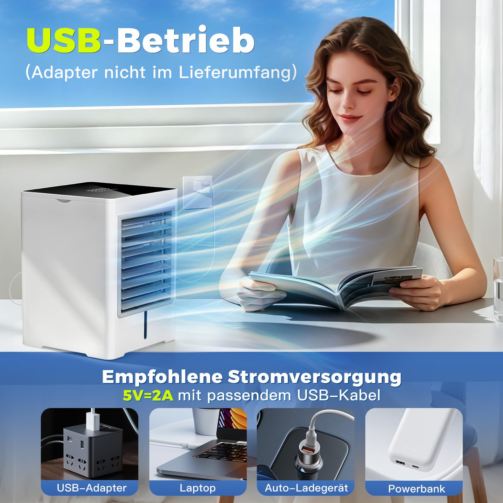Klimaanlage Mobil ohne Abluftschlauch, 470 ml Luftkühler mit Wasserkühlung, USB Ventilator Leise mit 3 Stufen, Timer & Touchscreen, Mobiles Klimagerät für Schlafzimmer Zimmer Zuhause, Weiß