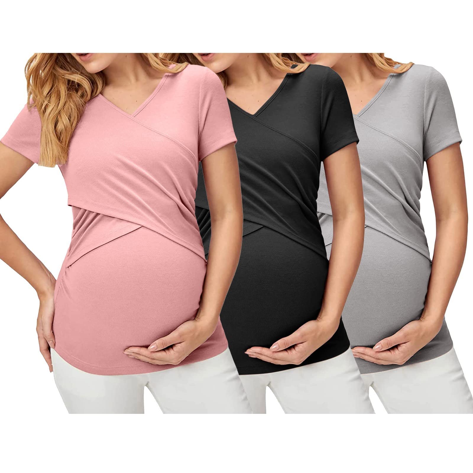 Lot de 3 t-shirts de maternité décontractés à manches courtes avec col en V pour femme - T-shirt basique d'allaitement - Bleu clair