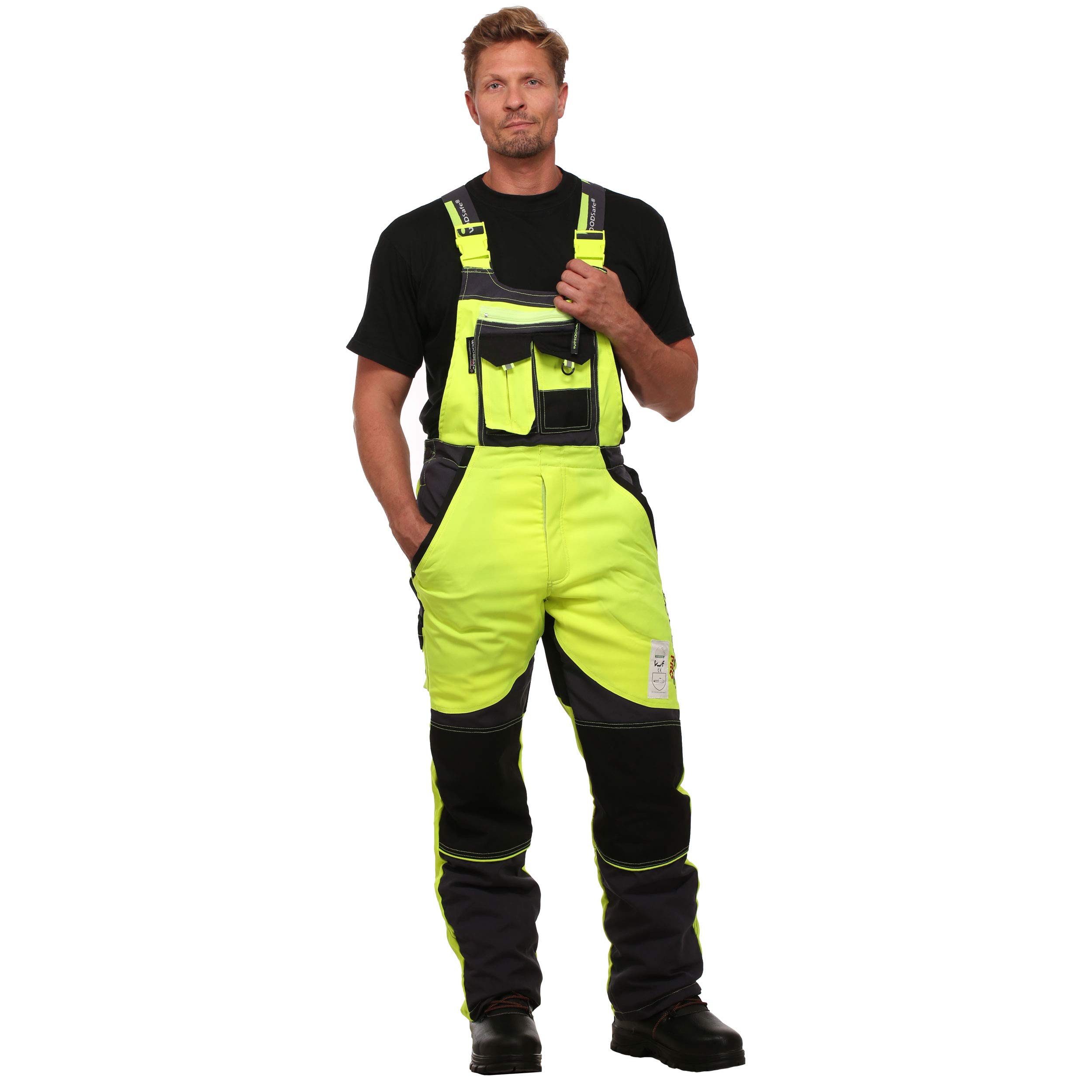 Schnittschutzhose Klasse 2, kwf-geprüfte Forsthose, Latzhose gelb/grau, Herren - Waldarbeiterhose (50)