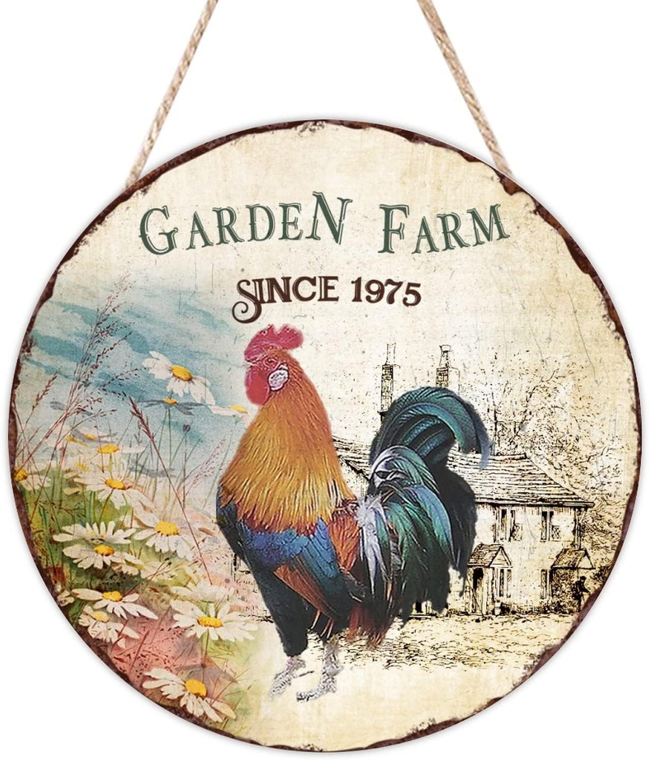 Vintage Front Door Round Wood Sign, Garden Farm Since 1975 Wood Door Sign, Chicken 16x16in Wall Hanging Sign Plaque Farmhouse Backyard Door Hanger Wall Decor Housewarming Gifts