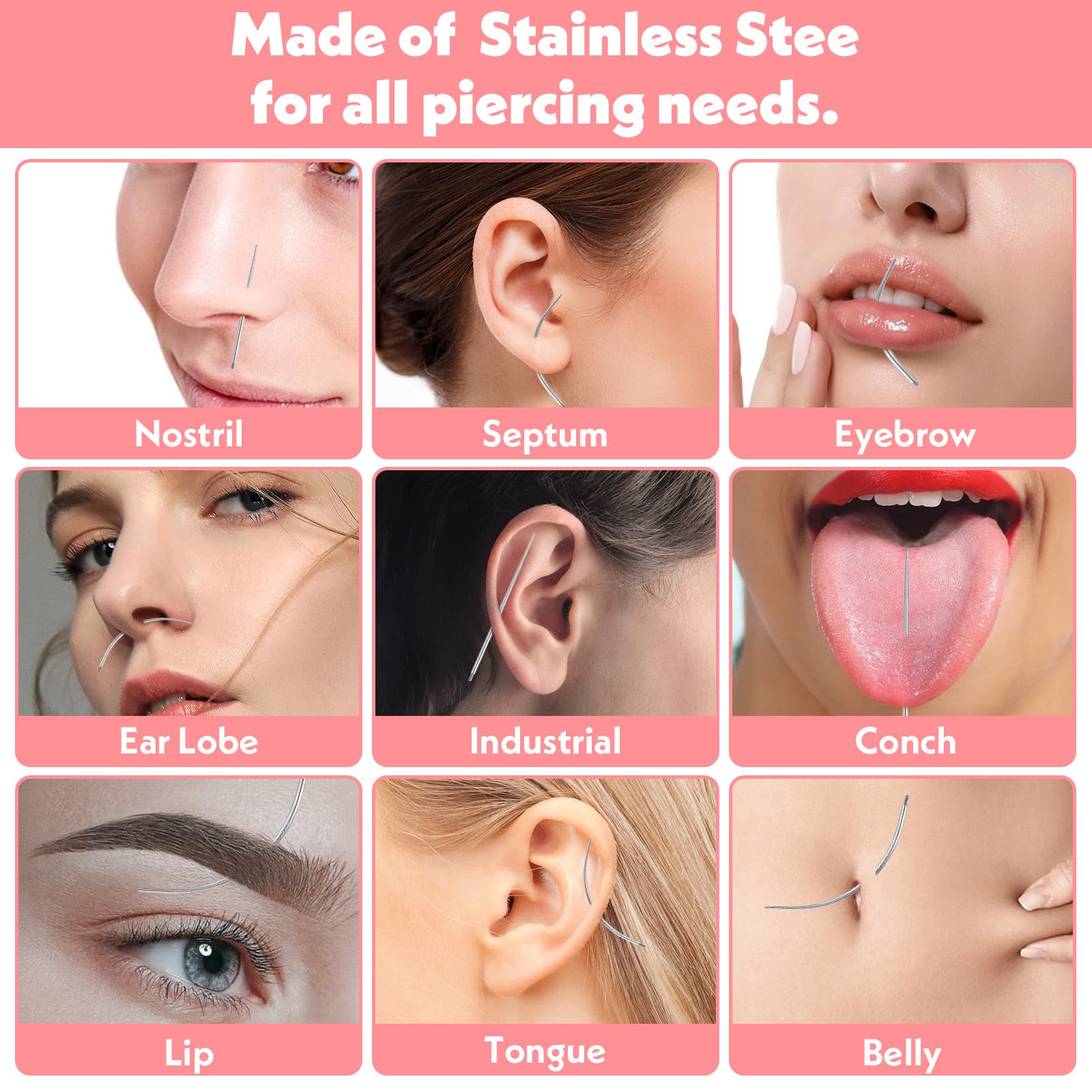 Zestaw 18 sztuk igieł do piercingu, zestaw do przekłuwania uszu, stal chirurgiczna, stal nierdzewna, do wsuwania tragus, helix, wargi, nosa, chrząstki