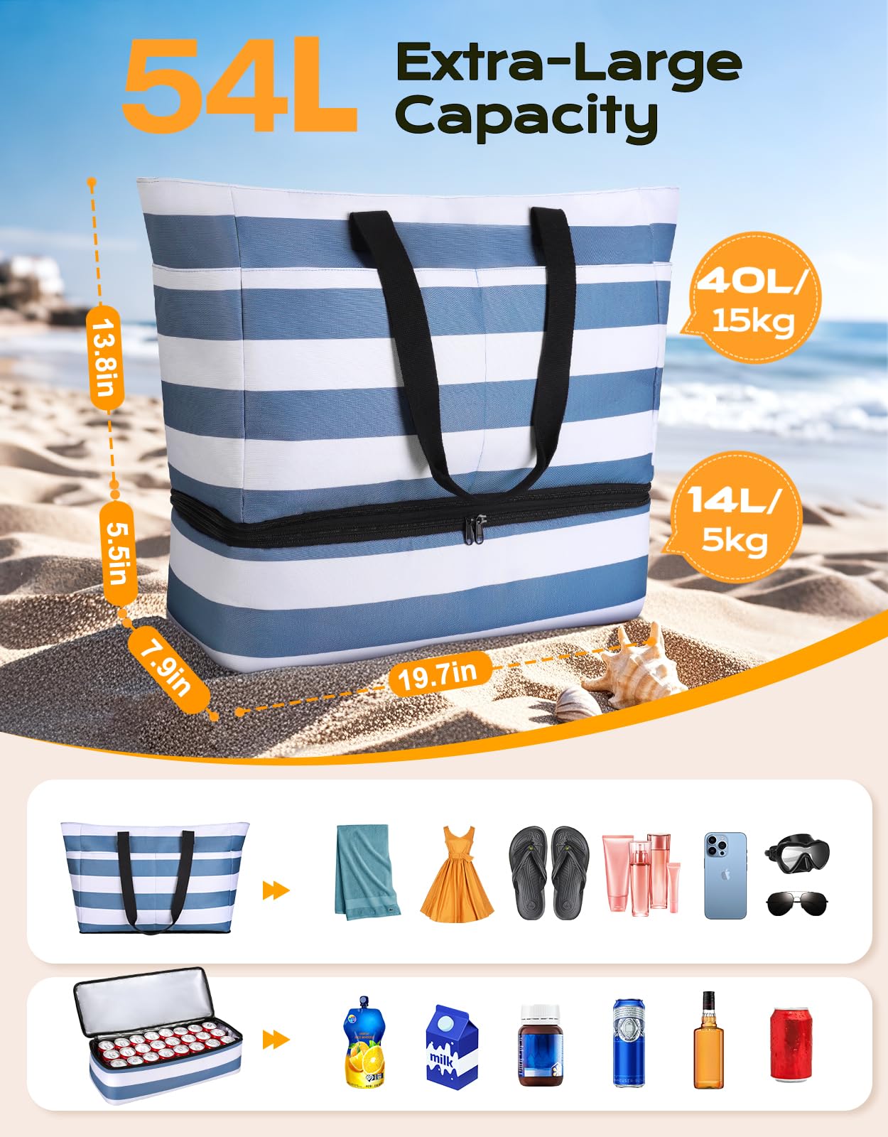 CIRYCASE Duża torba plażowa XXL z izolowaną chłodziarką, 54L wodoodporna składana torba plażowa dla kobiet/rodziny, przegroda na rzeczy suche i mokre oraz zapięcie na zamek błyskawiczny