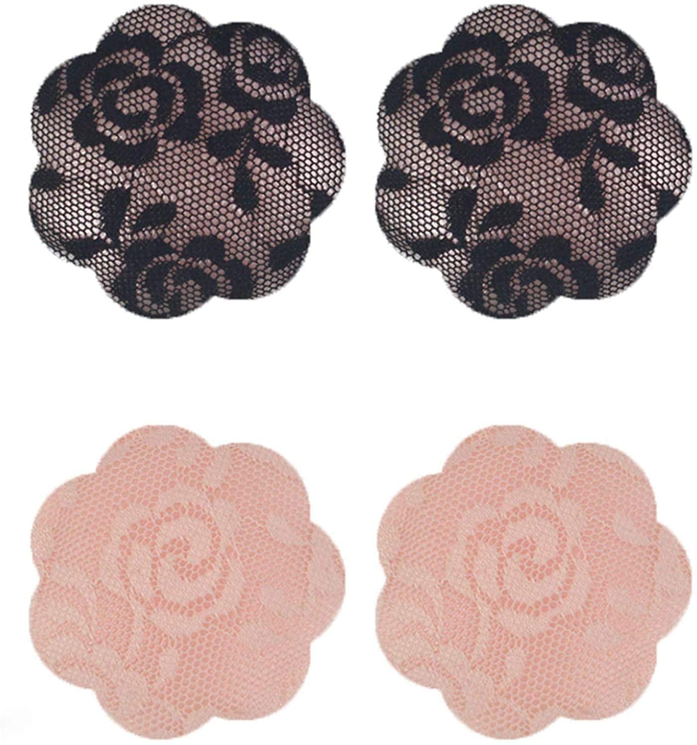 Bommi Fairy Unisex Black/Nude 2 Pairs Silicone Nipple Cover Lace Pattern Breast Petals Reusable Pasties Sticky Strapless Invisible Bra ()
