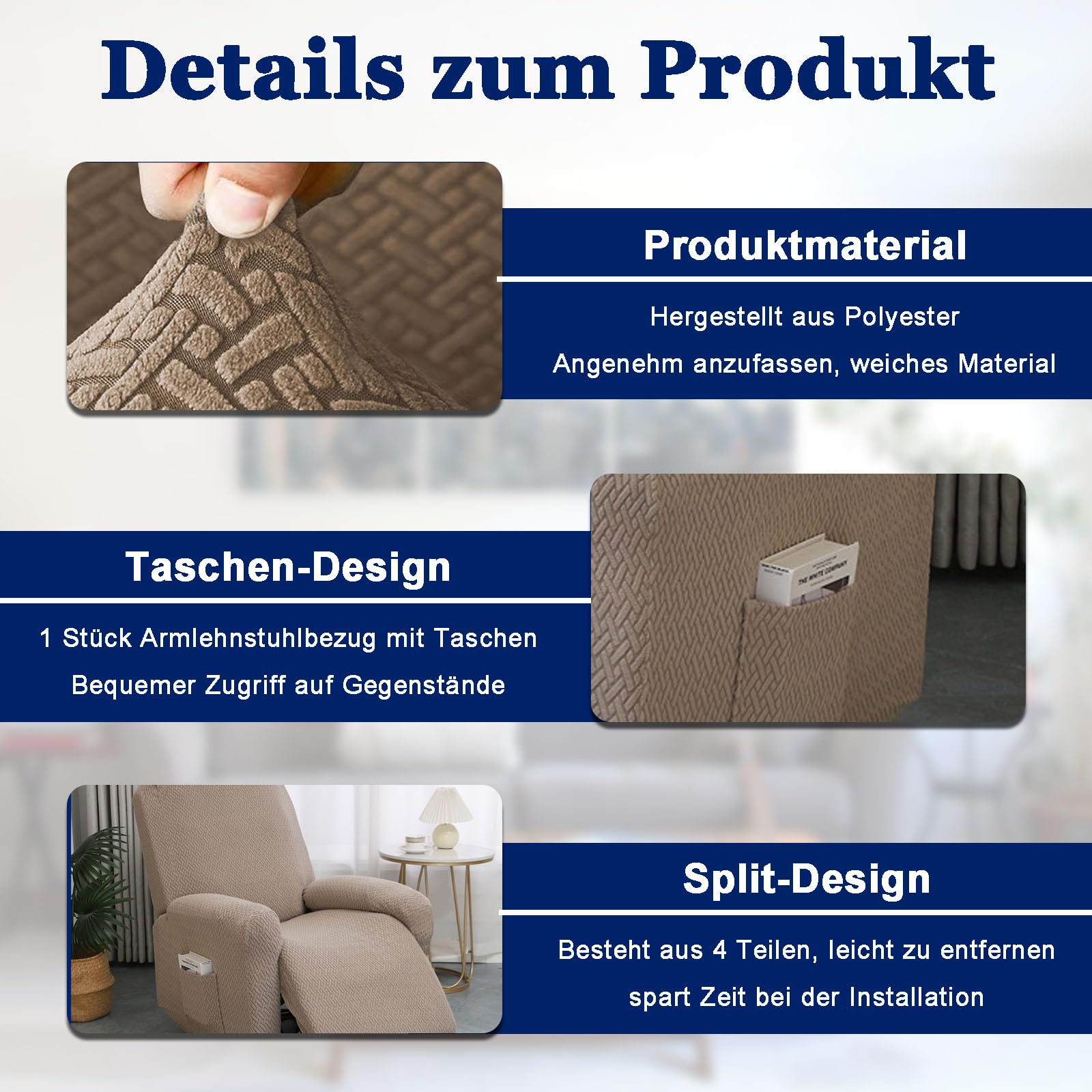 Fodera per Poltrona Relax, 4 pezzi Copridivano Elastico in Peluche con Tasche, Copridivano Elastico, Rivestimenti lavabili per poltrone da relax, per poltrona reclinabile (Grigio Marrone)