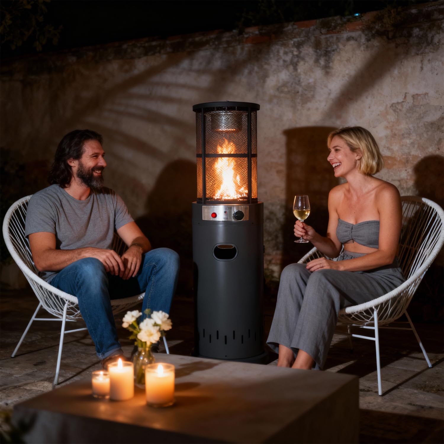 Marvin Stufa a Fungo GPL da Esterno con Fiamma Visibile, Cilindro in Vetro, Portatile, Riscaldamento da Giardino per Terrazzo Bar Ristorante