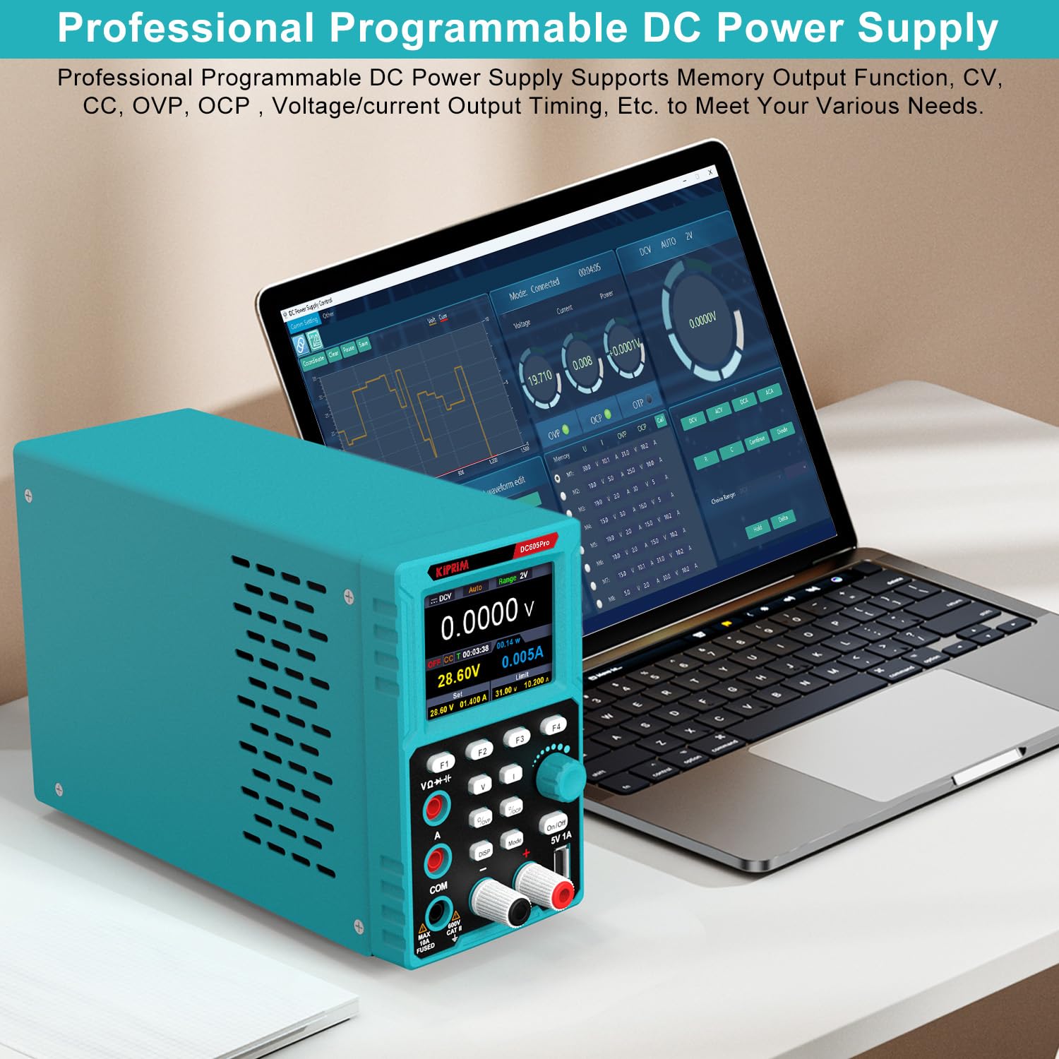 Kiprim 2-in-1 Programmierbares Labornetzgerät und Multimeter (0–60 V, 0–5 A) DC605Pro Labornetzteil mit Datenspeicher, hoher Präzision, OCP, OVP, PC-Software und USB-Aufladung