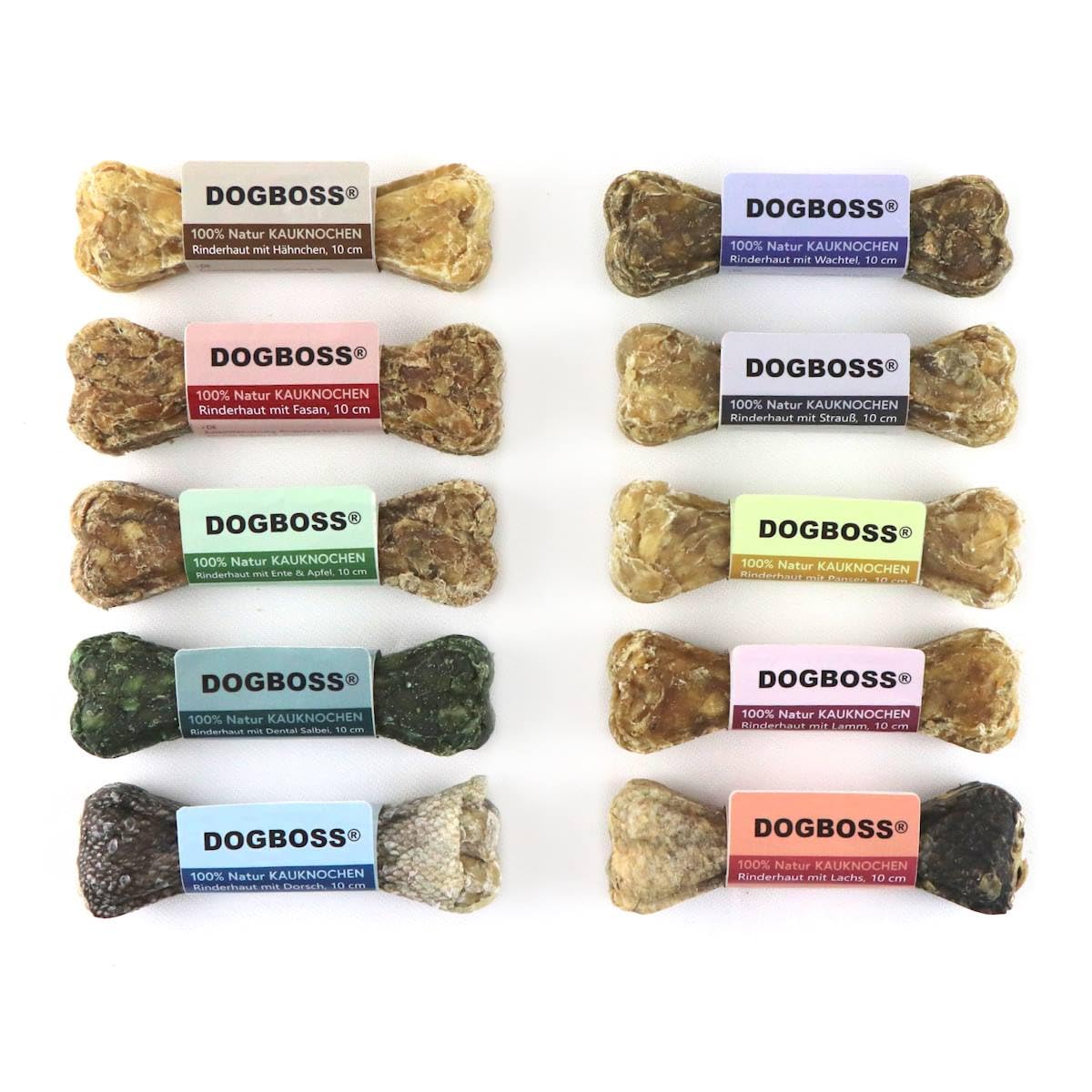 DOGBOSS 100% Natur Kauknochen speziell für kleine Hunderassen (2-10kg) in verschiedenen Geschmackssorten (10er Probierset 10 cm)