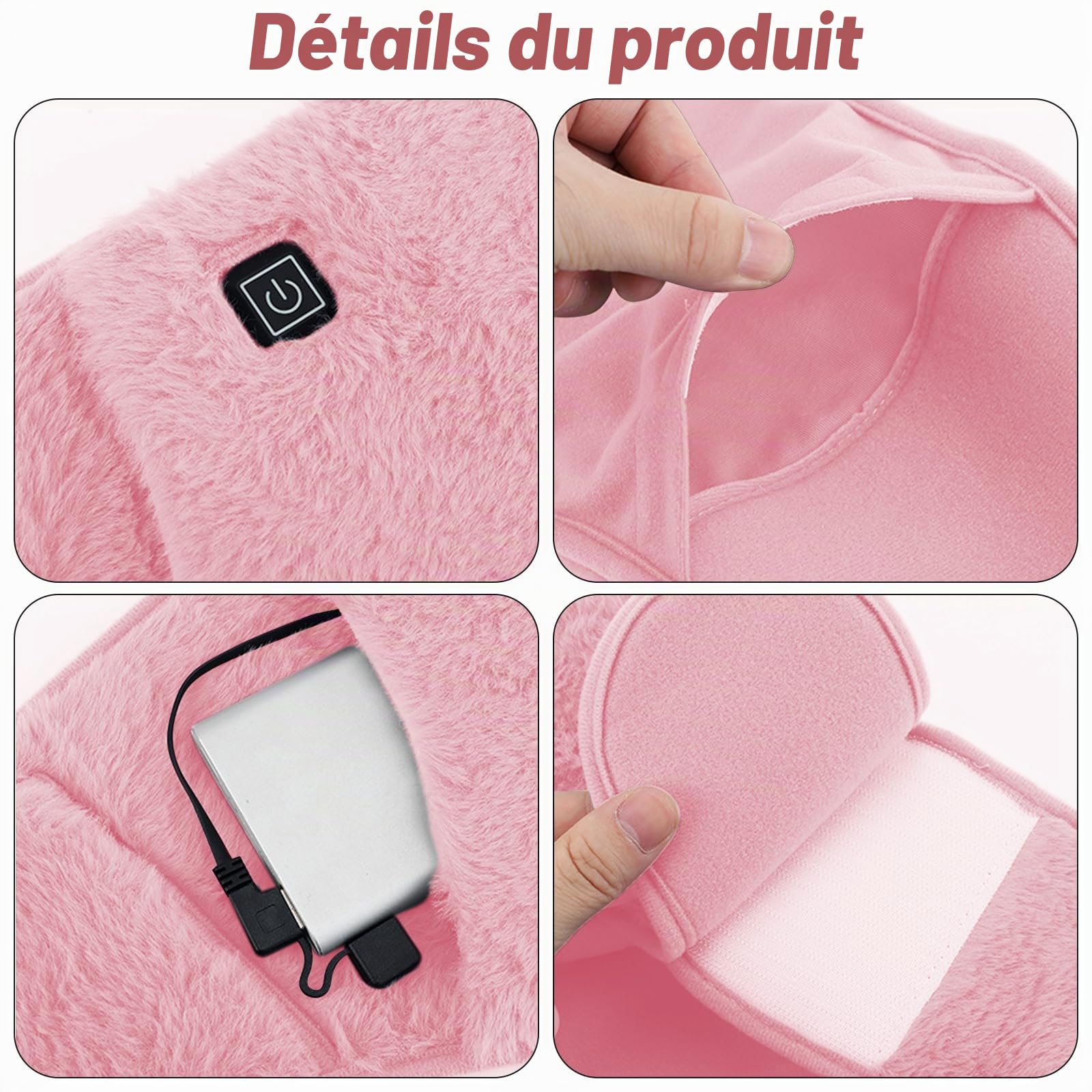 BORDEAG Ceinture chauffante sans fil pour le dos - Coussin chauffant vibrant - Massage Shiatsu - 3 niveaux de température - 8 heures d'autonomie - Rose - Silicone médical - 32 x 35 x 1 cm