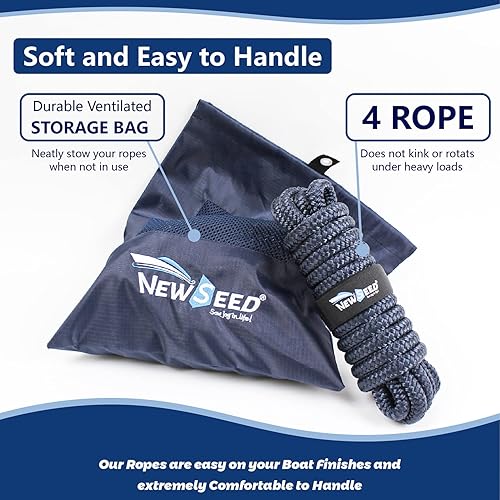 Miniatura 6 de MALZE -NEWSEED - Líneas de muelle de nailon doble trenzado, paquete de 4 unidades de 15 pies con ojales de 12 pulgadas y 15 pulgadas 38 pulgadas 12