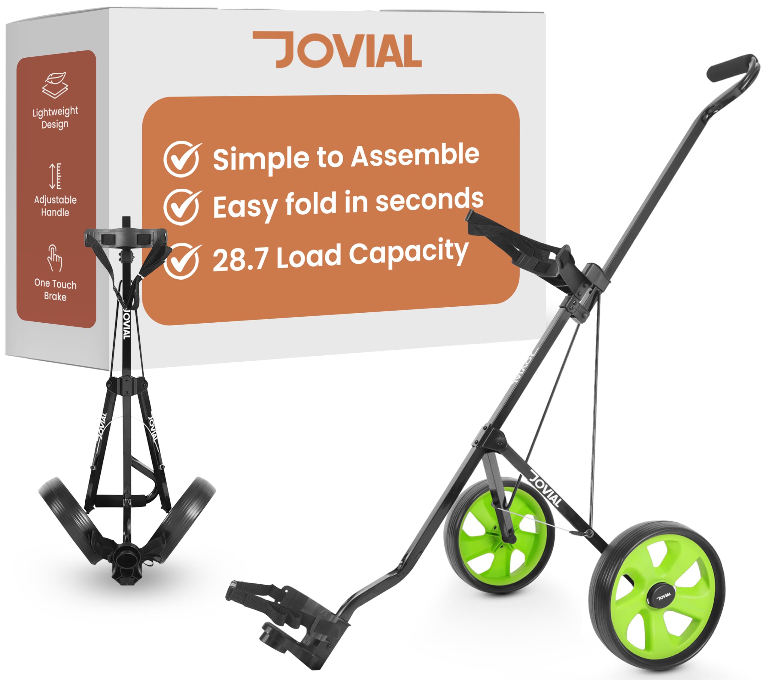 JOVIAL 2 Wheel Golf Pull Cart – Lightweight Foldable Golf Cart with Golf Bag Storage, Adjustable Handle, Aluminum Frame, Compact Collapsible Design for Easy Travel