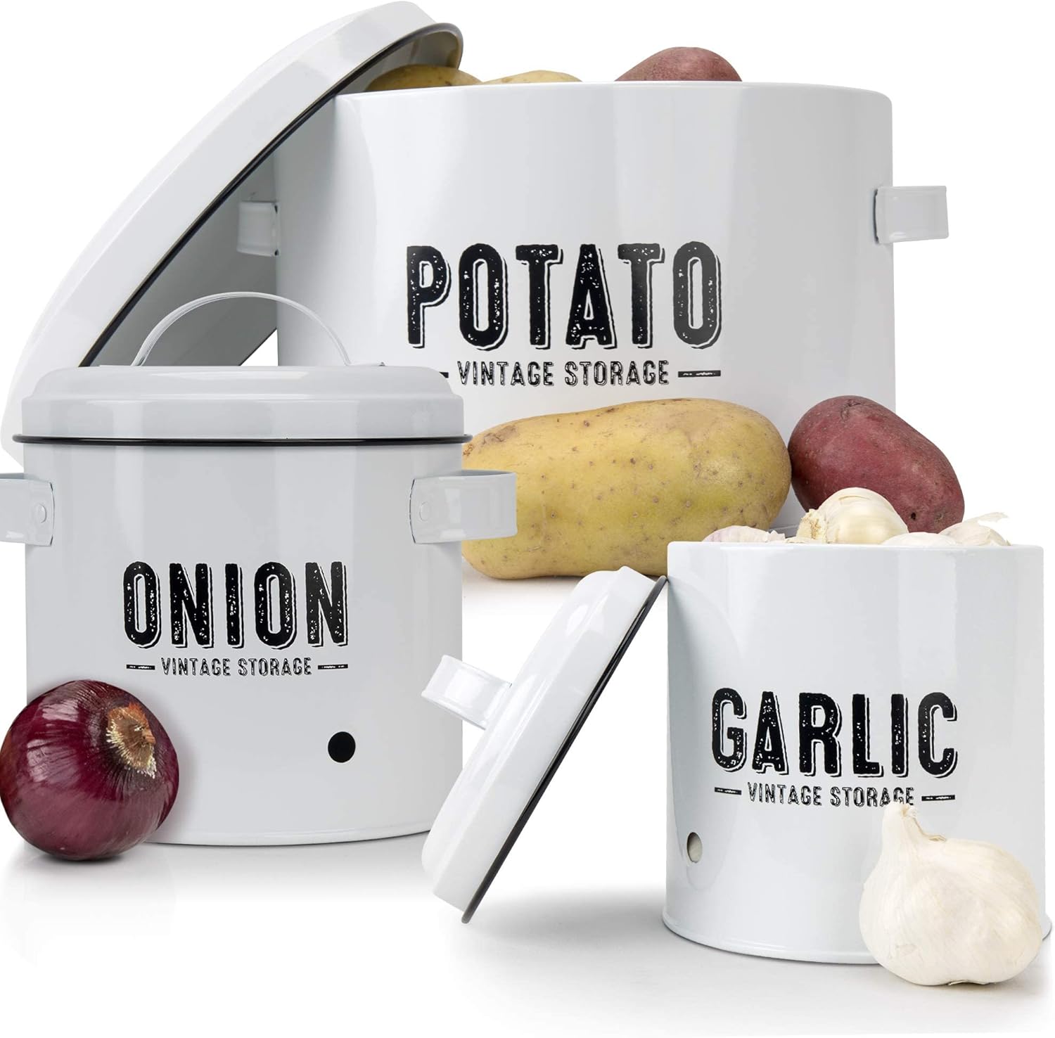 Granrosi Potato Storage For Pantry, Canister Sets for the Kitchen Counter, Garlic Keeper For Counter, Onion Keeper, Potato Bin, Potatoes Storage Potato Storage - White