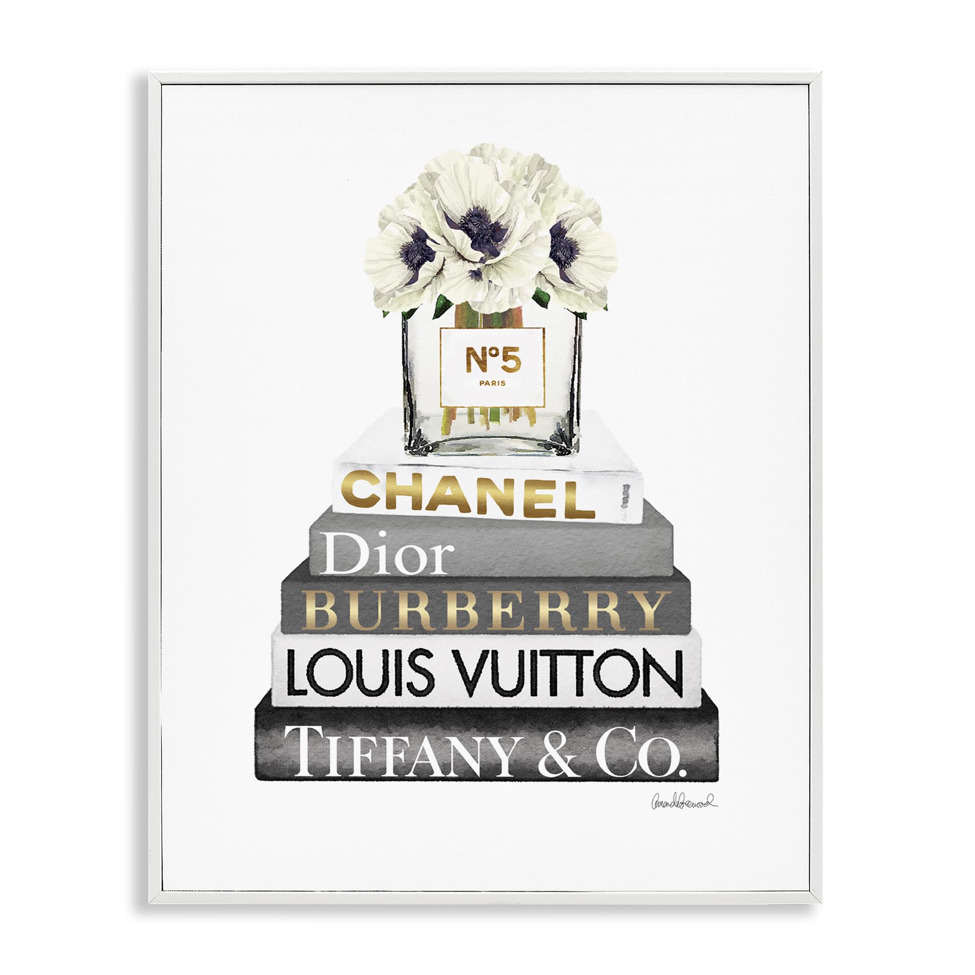 'White Poppies Grey Fashion Books'| Framed Giclee Art