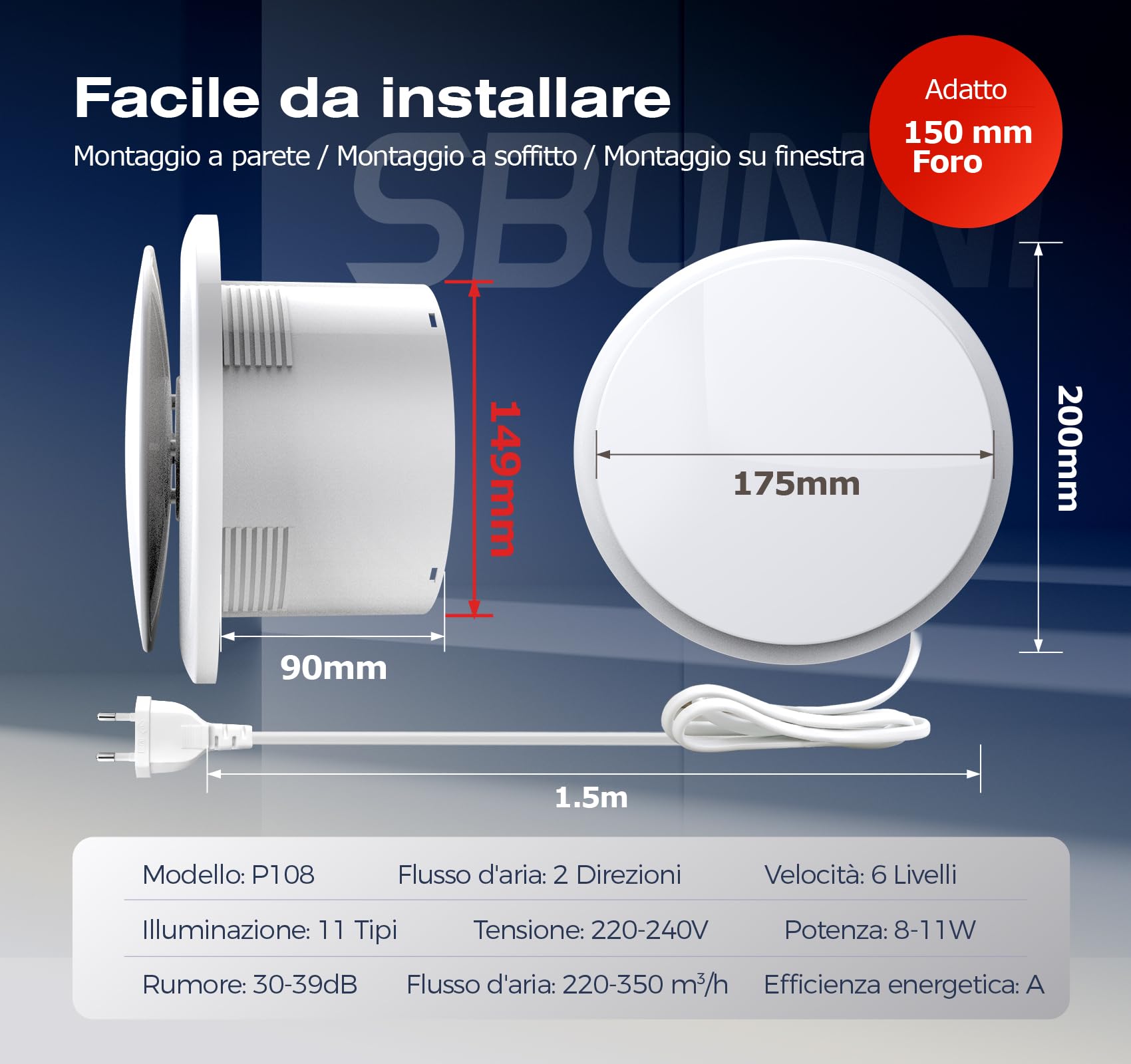 Aspiratore Bagno 150mm, 11 Effetti Luminosi, 6 Velocità, 2 Direzioni Ventilatore, Estrattore Aria Silenzioso con Telecomando, Potente Ventola Aspirazione Bagno Cucina WC Garage Cantina