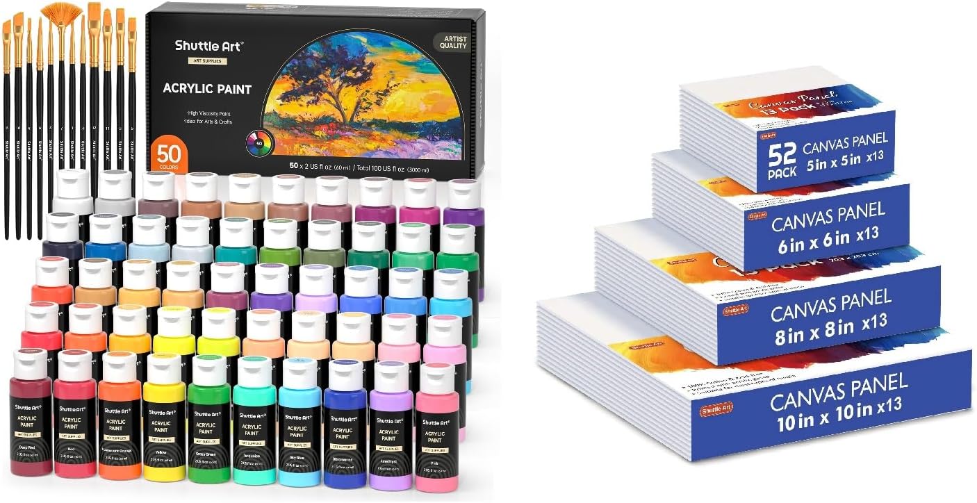 Shuttle Art Canvas Panels and Acrylic Paint Bundle, Art Painting Supplies Set for 50 Colors Acrylic Paint Bottles (60ml/2oz) & 52 Pack Painting Canvas (5x5”, 6x6”, 8x8”, 10x10”)
