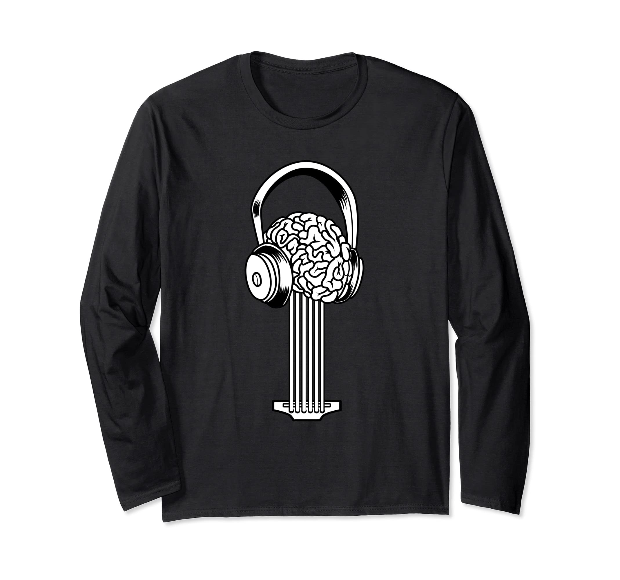 Electric Guitar - E-Guitar Rock Guitarist Brain Headphones Long Sleeve T-Shirt, Black