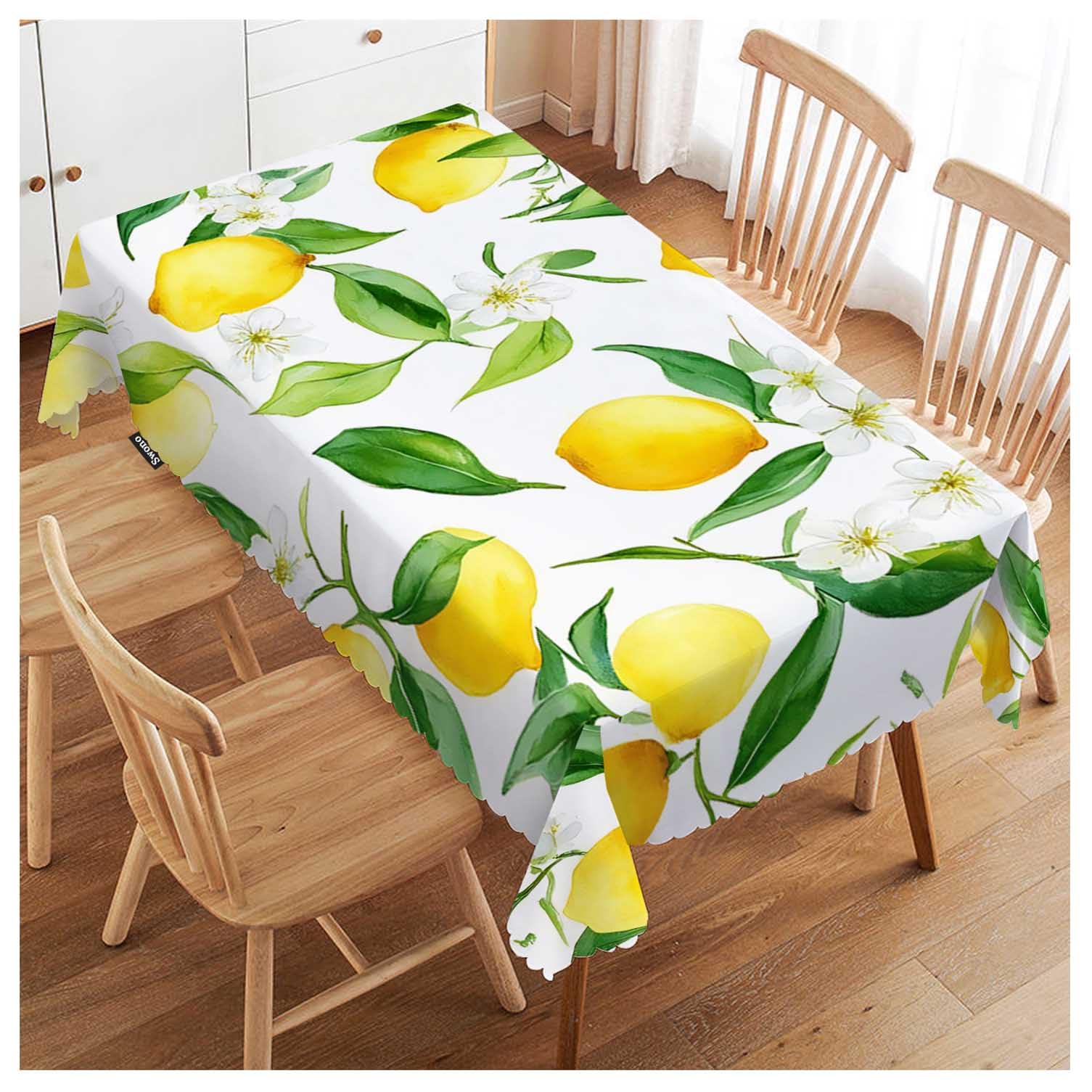 Lemon Table Cloth Rectangle Tables Fruits Lemon Leaves Floral Kitchen Table Cover Oblong 52"X70" Tablecloth for Dining Table Buffet Parties Patio and Camping, Yellow Green