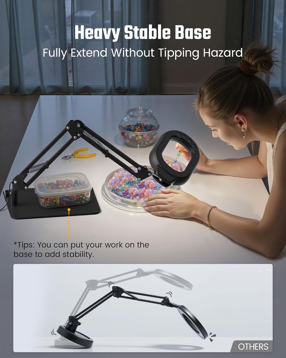 10X Magnifying Desk Lamp with Real Glass Lens Stepless Dimmable, 5 Color Modes, Hands-Free Clamp & Base, Adjustable Swing Arm for Reading, Crafting & Close Work – Black
