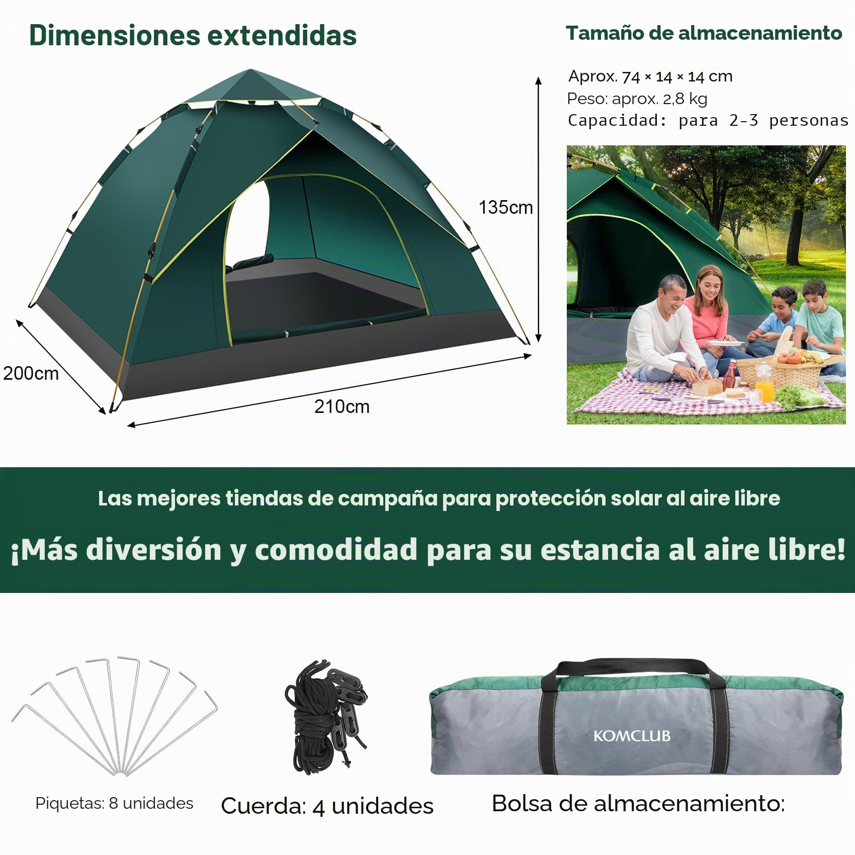 Tienda de campaña automática 2-3 personas impermeable resistente al viento protección UV playa camping