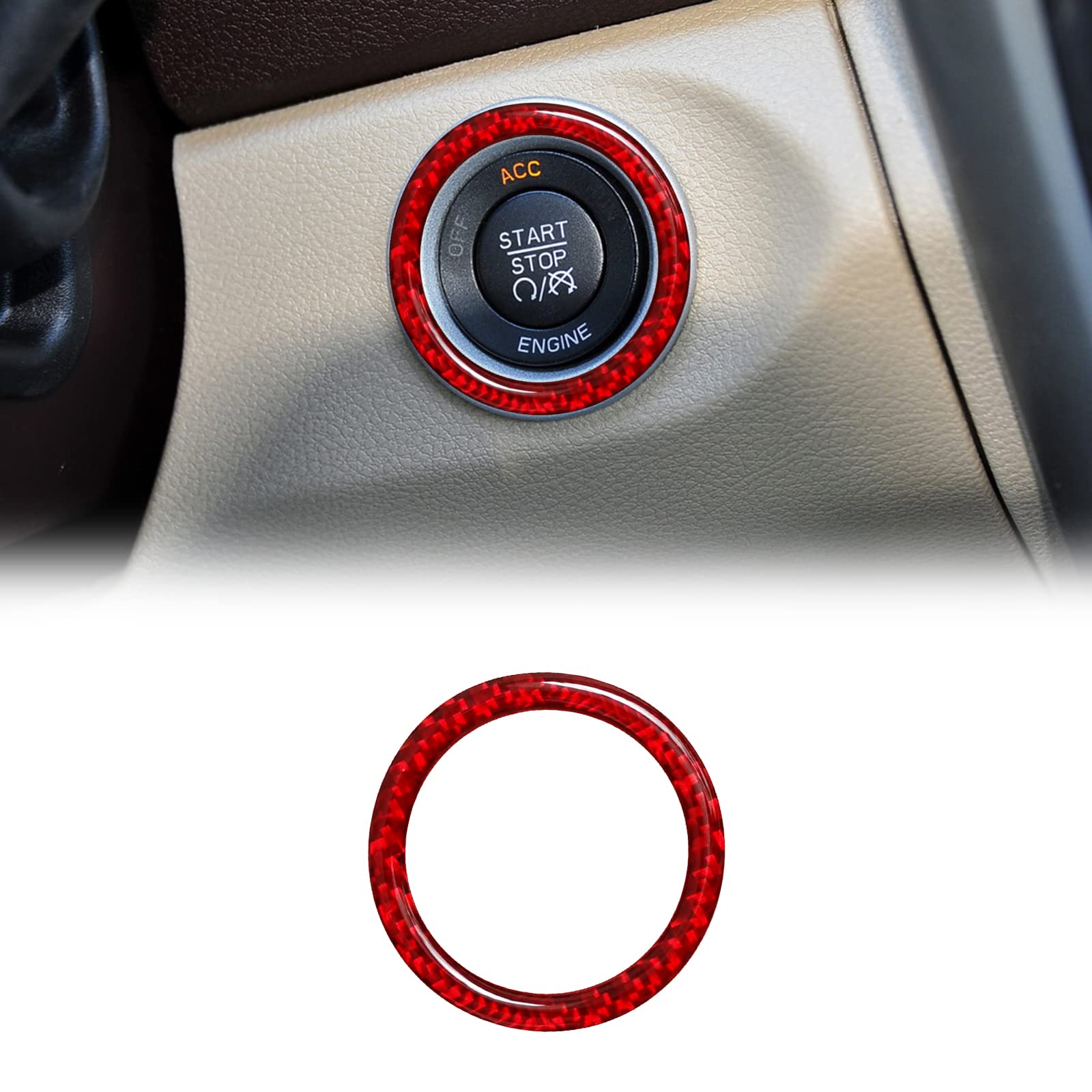 Ramuel - Embellecedor de anillo para botón de arranque y parada de motor de fibra de carbono, compatible con Dodge Ram 1500, 2500, 3500, 2013, 2014, 2015, 2016, 2017, 2018 y 2019, 1 unidad, color rojo