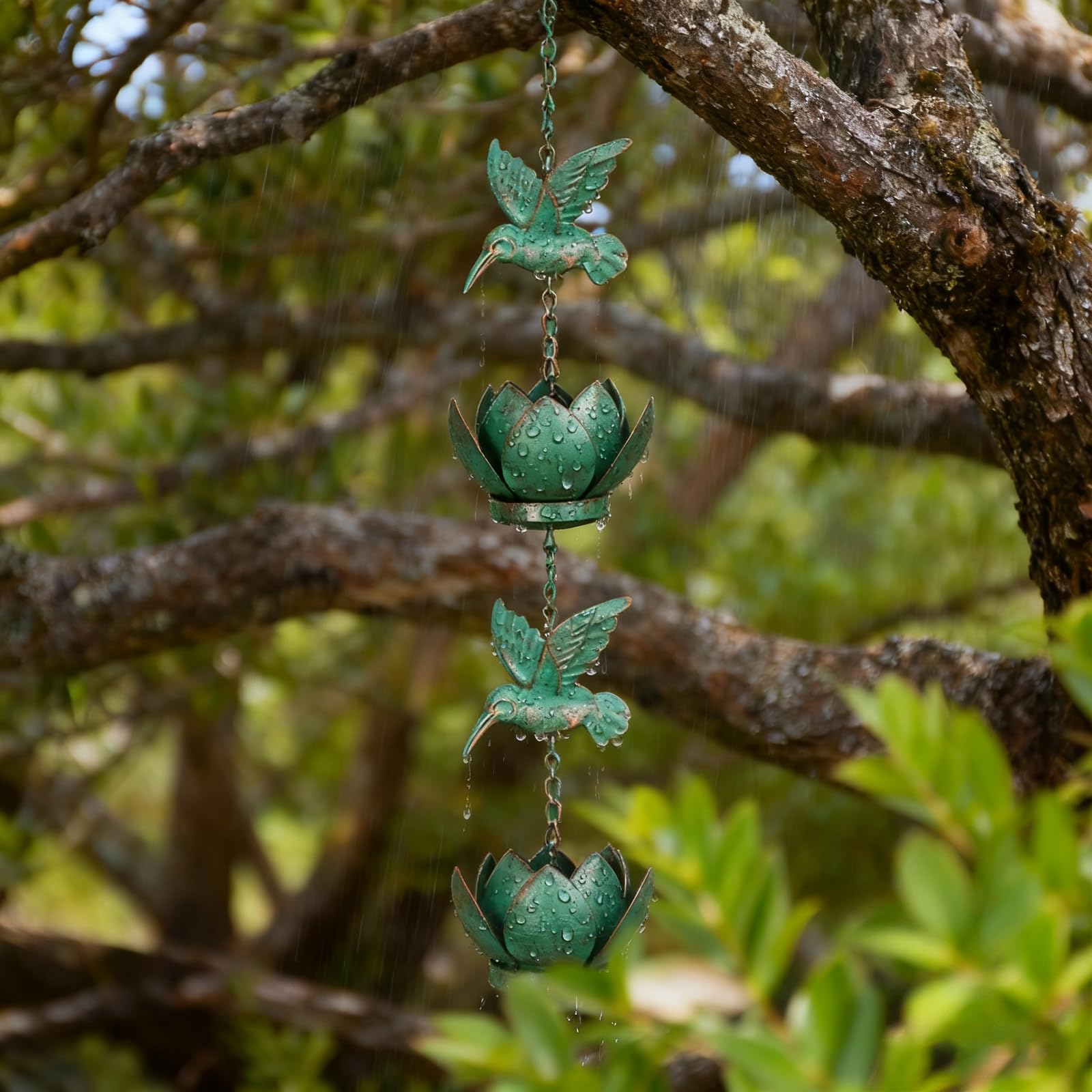 BigKing Chaîne pour eau de pluie Colibri Lotus pour gouttières, 2,4 m Chaîne de pluie suspendue avec crochet, chaîne de pluie pour gouttières extérieures, Eaves Drainage (vert émeraude)