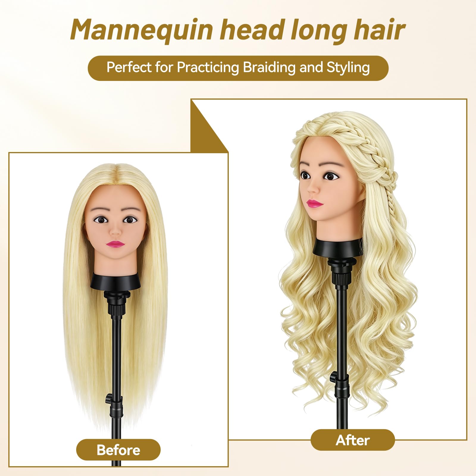Friseurkopf, 61 cm, 80 % menschliches Training, Echthaar, Puppenkopf für Haarstyling mit Tischklemme, Übungs-Styling-Kopf, Puppe mit Haarstyling-Set für Friseursalons
