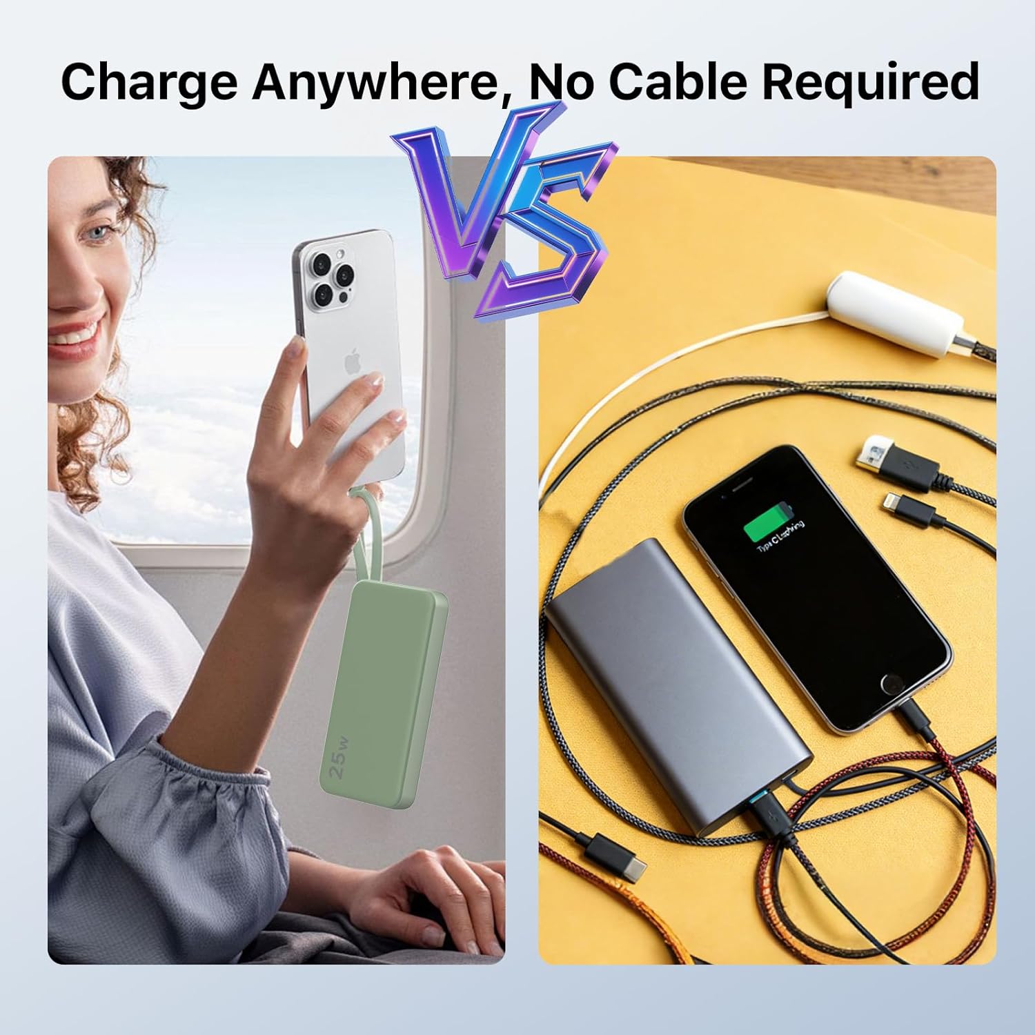 NOBIS Portable Charger 10000mAh 25W Power Bank Fast Charging Battery Pack with Built-in Type-C Cable, USB-C in/Out, USB-A Output with LED Display for Phone 17 S25