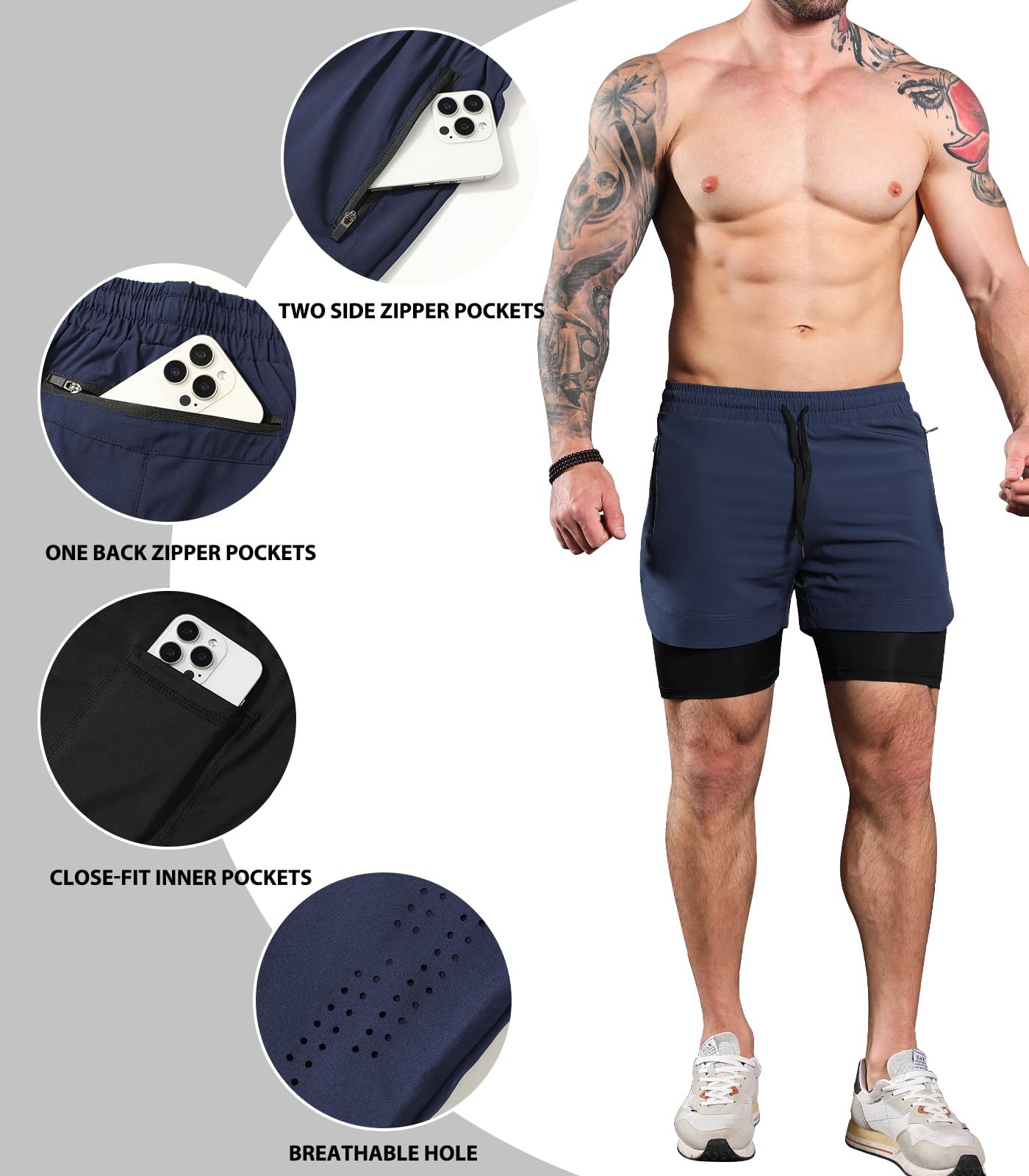 Pantalón Corto Deporte Hombre 2 en 1 Secado Rápido Ligeros Bolsillo Cremallera