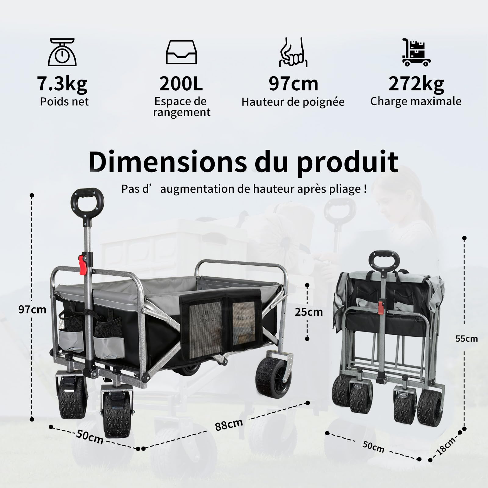 Chariot de Plage Pliable, Capacité 272KG, Roues Larges Tout-Terrain pour Plage, Jardin, Camping, Pêche et Barbecue, Gris