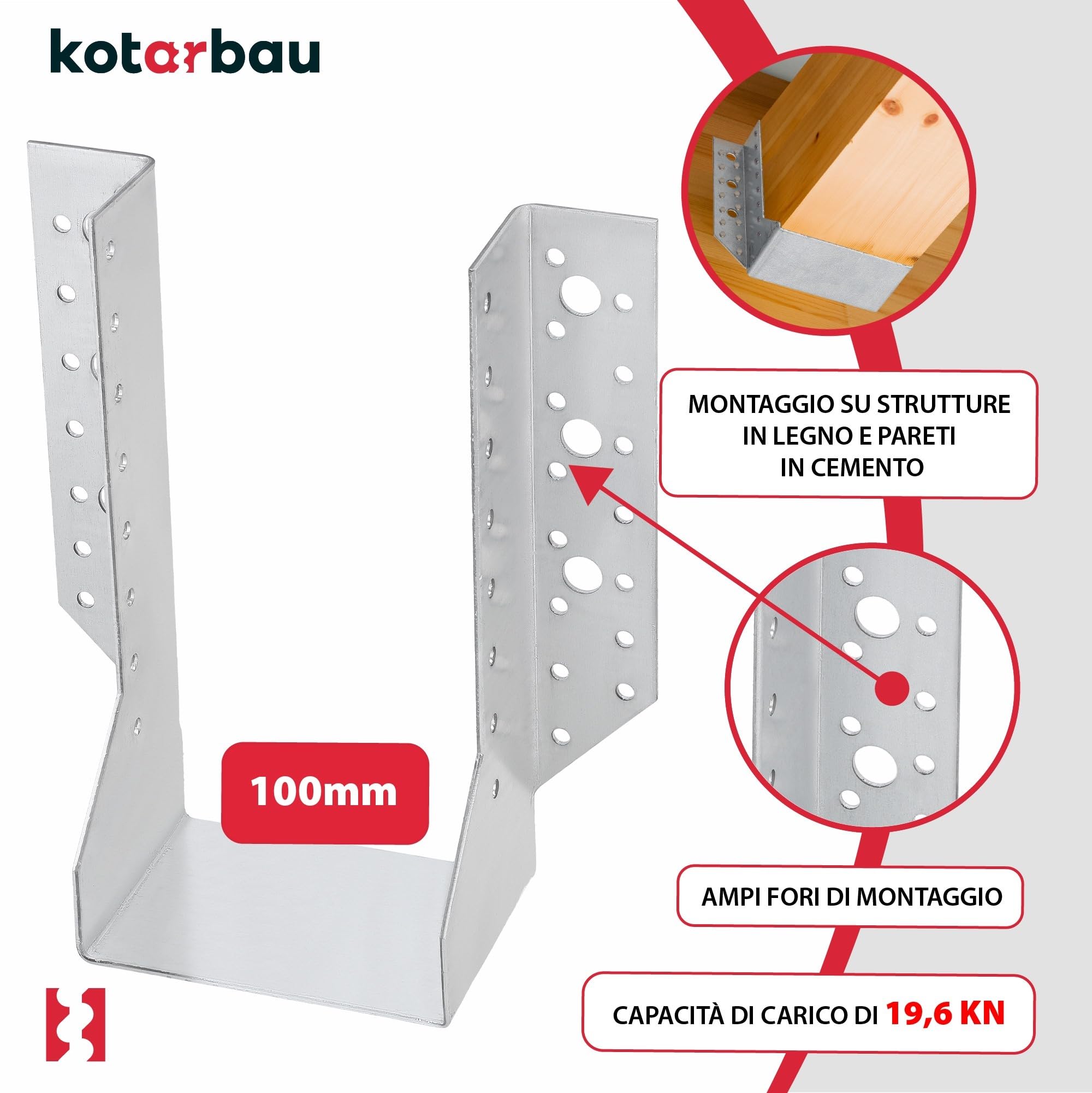 KOTARBAU® - Staffa per travi tipo A, 100 mm, giunti per travi in legno, per costruzione edile esterna, confezione da 10 pezzi