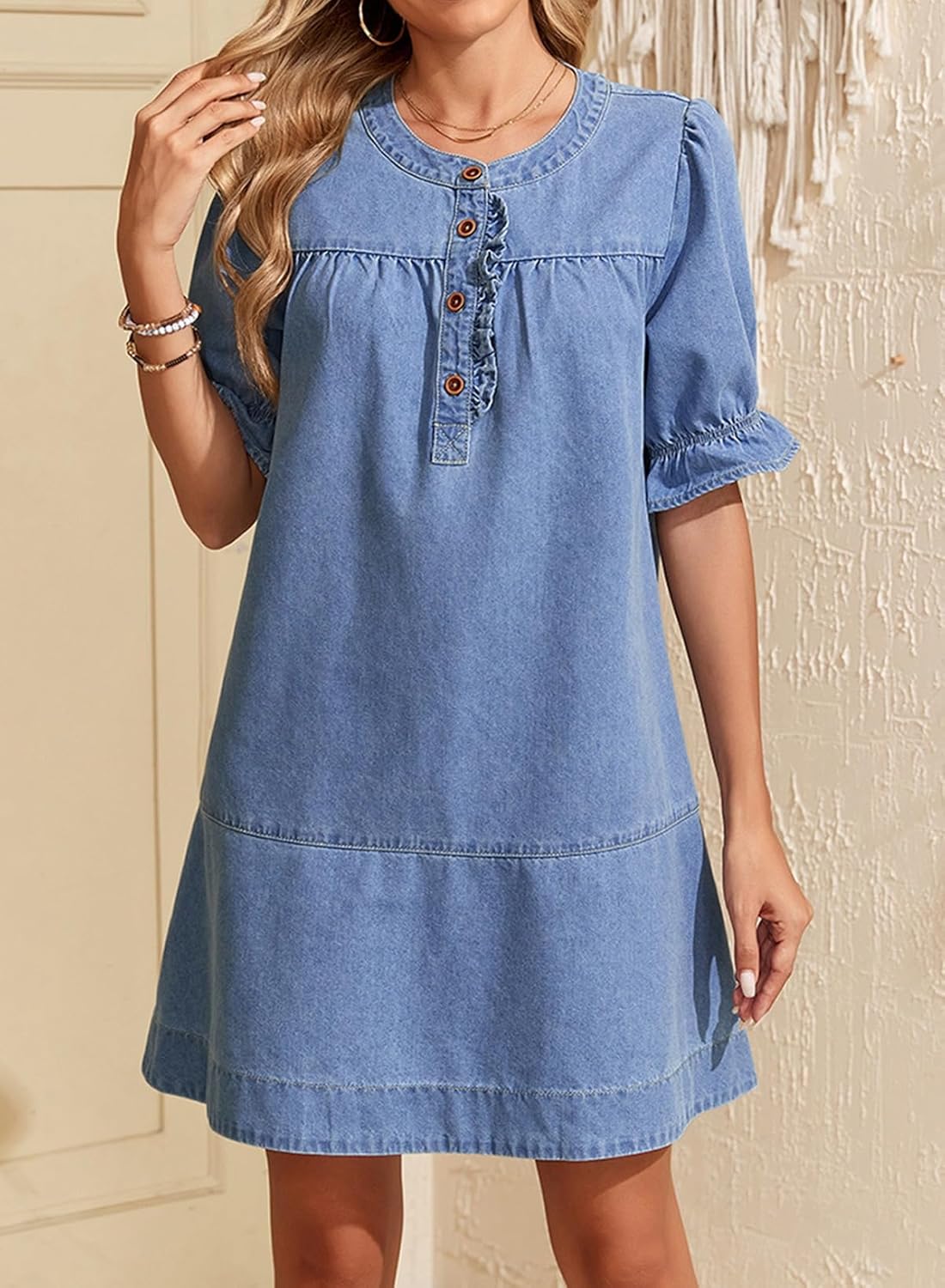 Dokotoo Women's Denim Dress 2026 Babydoll Dress Casual Ruffle Short Sleeve Button Jean Dresses - Image 6