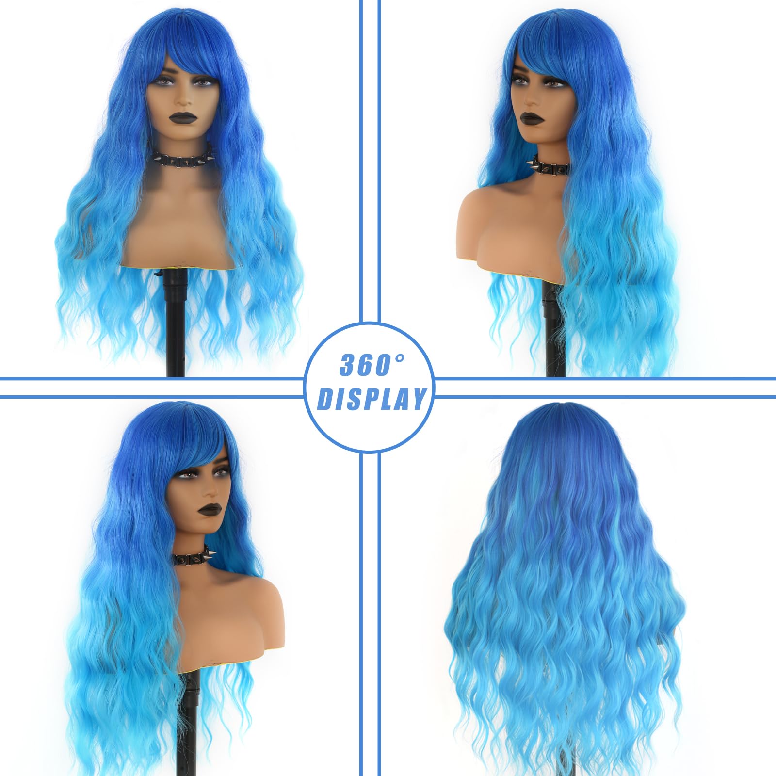Amazon.com : EVLYNN Blue Wig with Bangs Long Wavy Ombre Blue  display picture 1