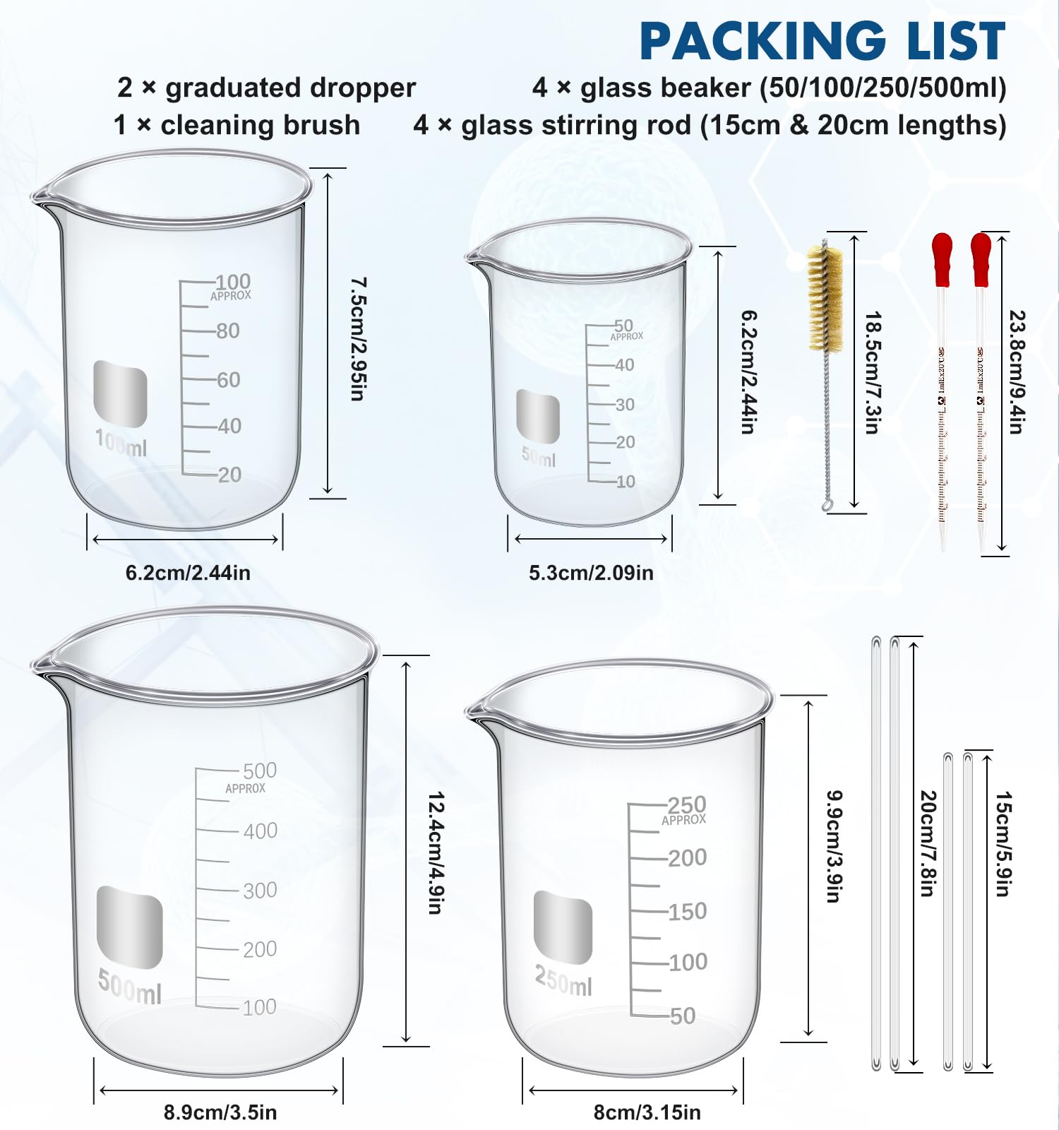 FOUR E'S SCIENTIFIC Glass Beaker Set, 19-Piece Labware Kit — Amazon image 5