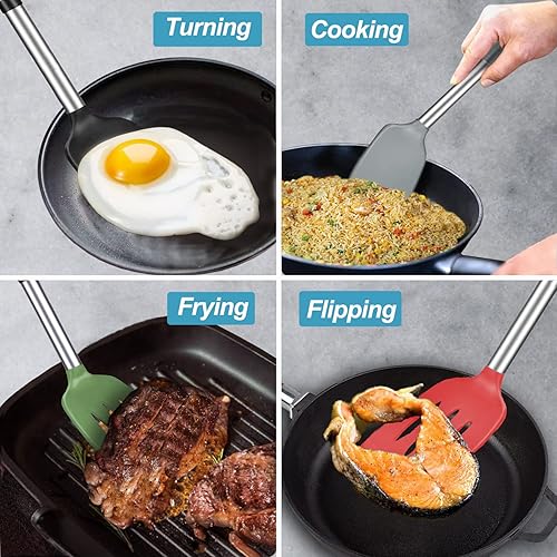 Miniatura 8 de Paquete de 2 espátulas, juego de espátulas de silicona sólida y ranurada, mango de acero inoxidable recubierto con silicona, espátulas