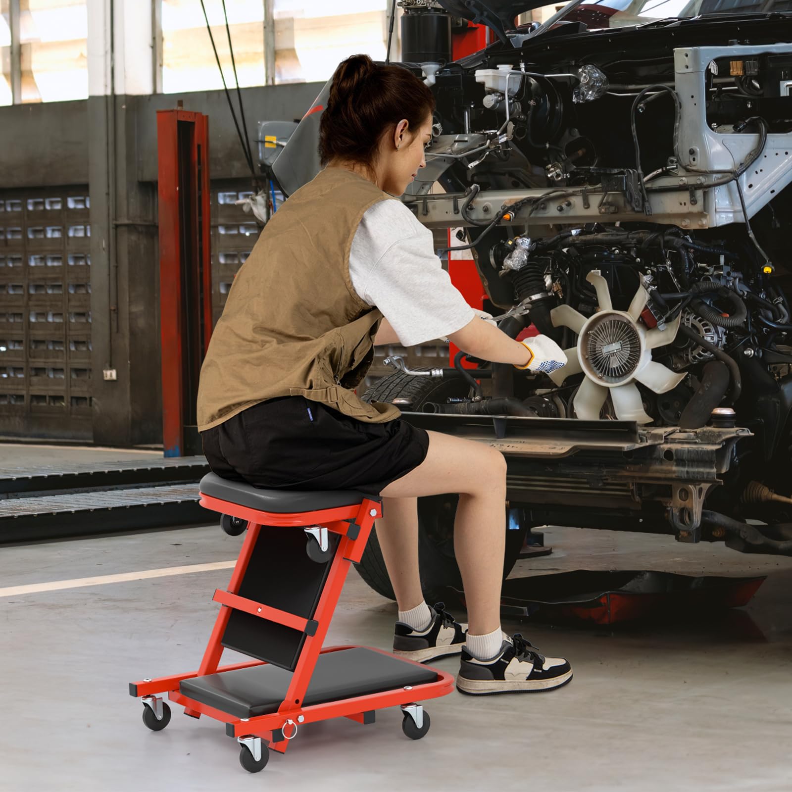 COSTWAY 2 in 1 Sgabello da Officina a Forma di Z, Carrello Meccanico sotto Auto con Sedile Imbottito e Ruote Girevoli a 360°, Portata 160 kg, per Garage e Officina (Nero)