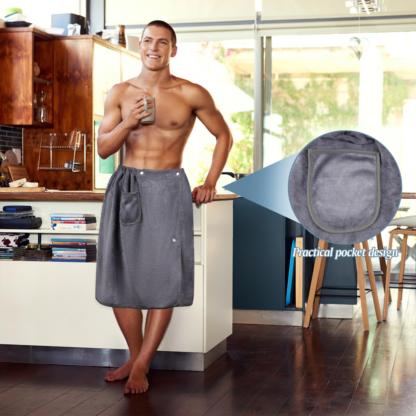 Maxmoc Serviette de sauna réglable pour homme, grande serviette de sauna, à séchage rapide, en microfibre, avec boutons-pression et poches, pour salle de gym, douche, sauna (70 x 140 cm, gris)