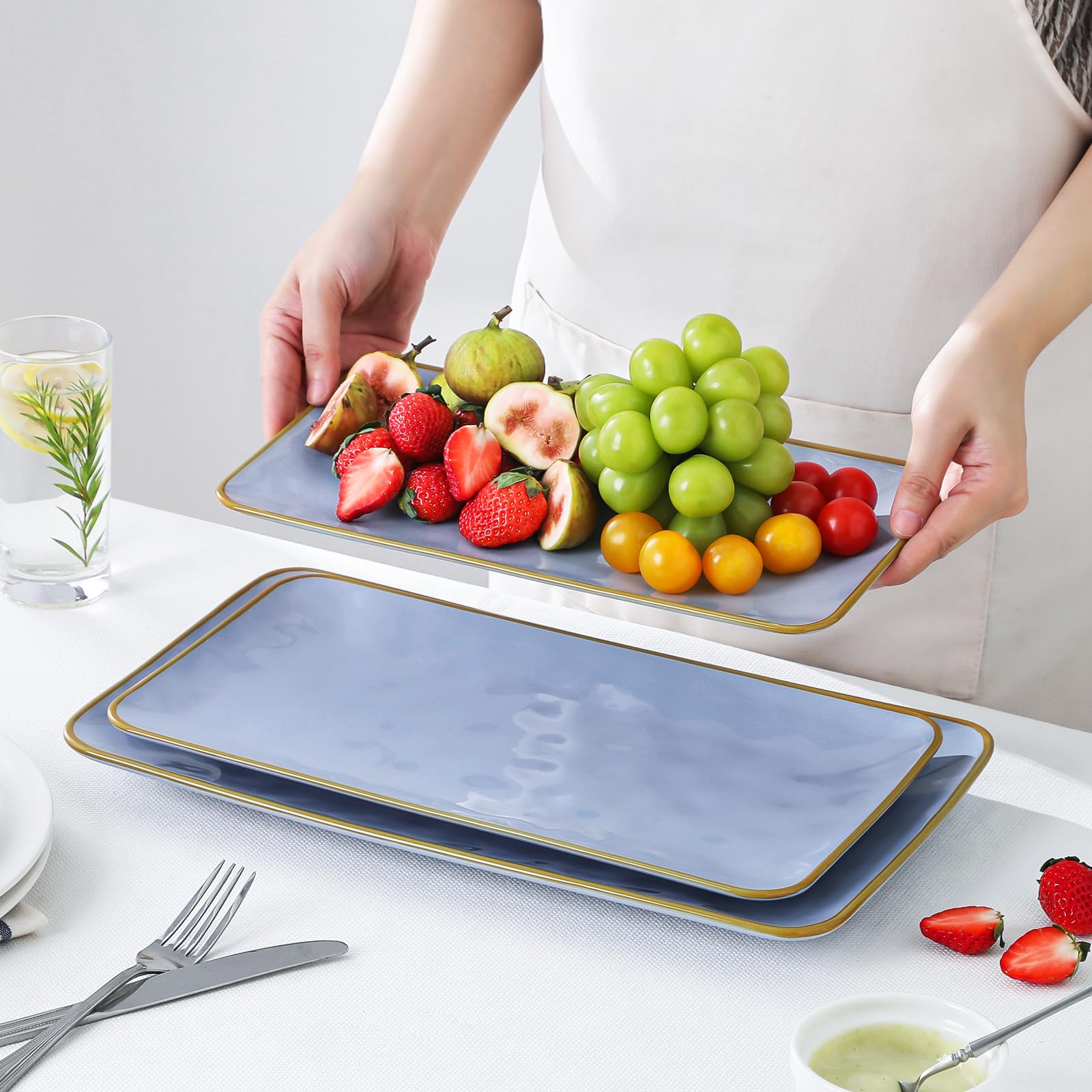 Plateau de service rectangulaire en céramique : 39 cm, 36 cm, 32 cm, pour réception, dinde, fromage, sushis, collation et dessert, passe au micro-ondes et au lave-vaisselle, bleu
