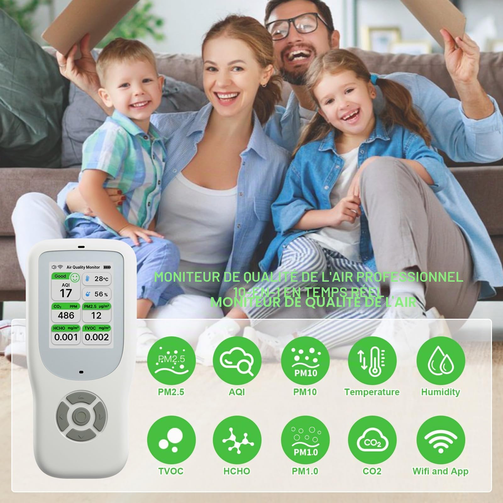 10 en 1 Appareils Mesurant Qualité Air Intérieur, WiFi Détecteur de AQI, CO2, PM1.0, PM2.5, PM10, HCHO, TVOC, Température et Humidité, Moniteur de Pollution détecteur co2 connectivité avec APP