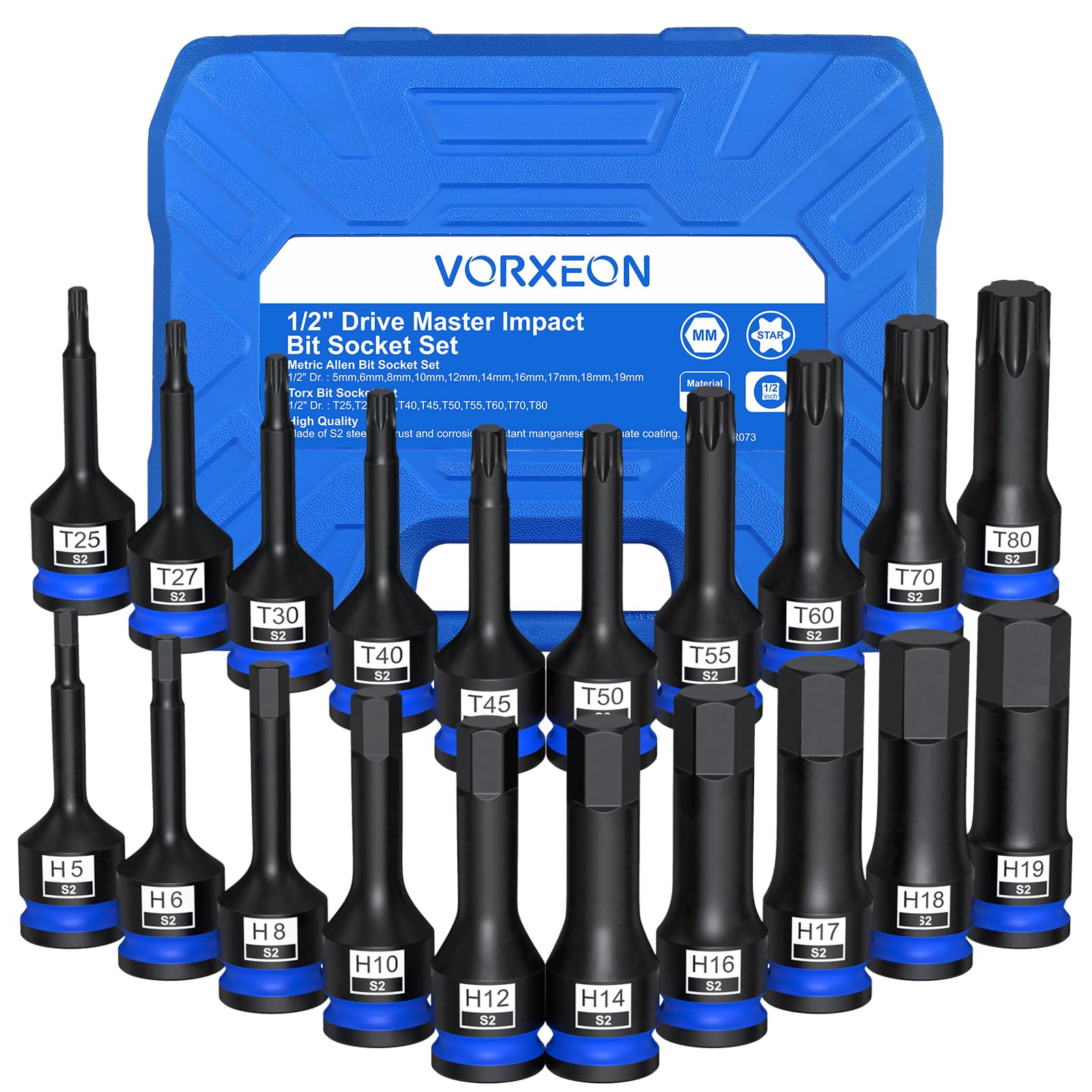 Juego de llaves de vaso de impacto TORX + ALLEN 20PCS de acero 1/2 hexagonal S2 métrico 5-19mm/Torx T25-T80 con sistema anti-caída para mecánicos profesionales y entusiastas del bricolaje